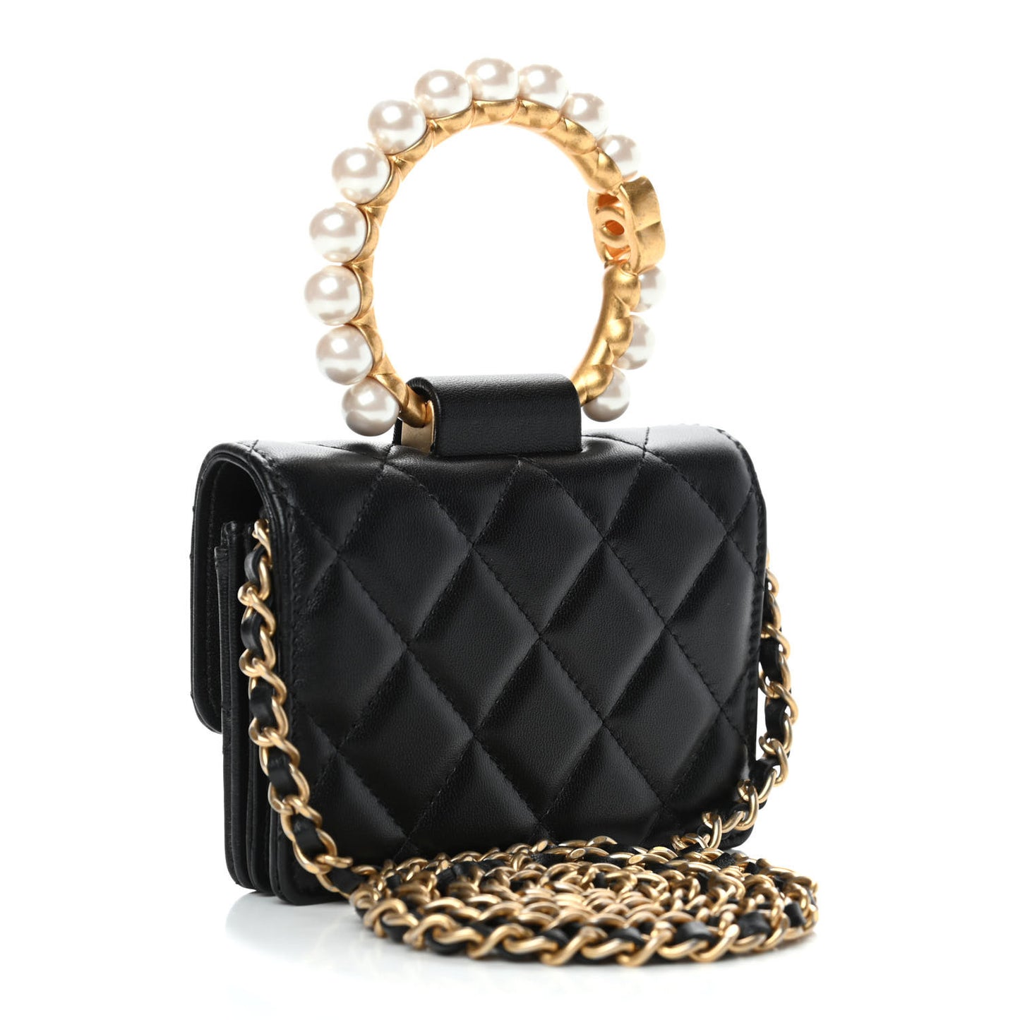 Lambskin Quilted Pearl Crown Clutch With Chain Black