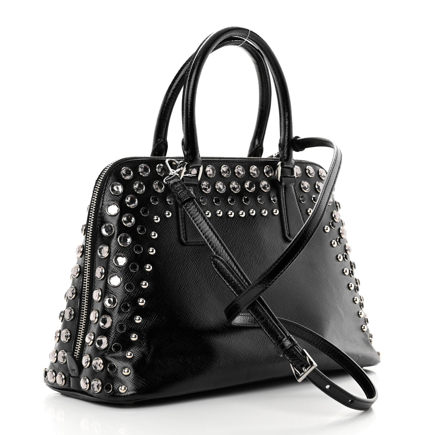 Prada Saffiano Vernice Small Crystal Pyramid Bag Black 3 of 16