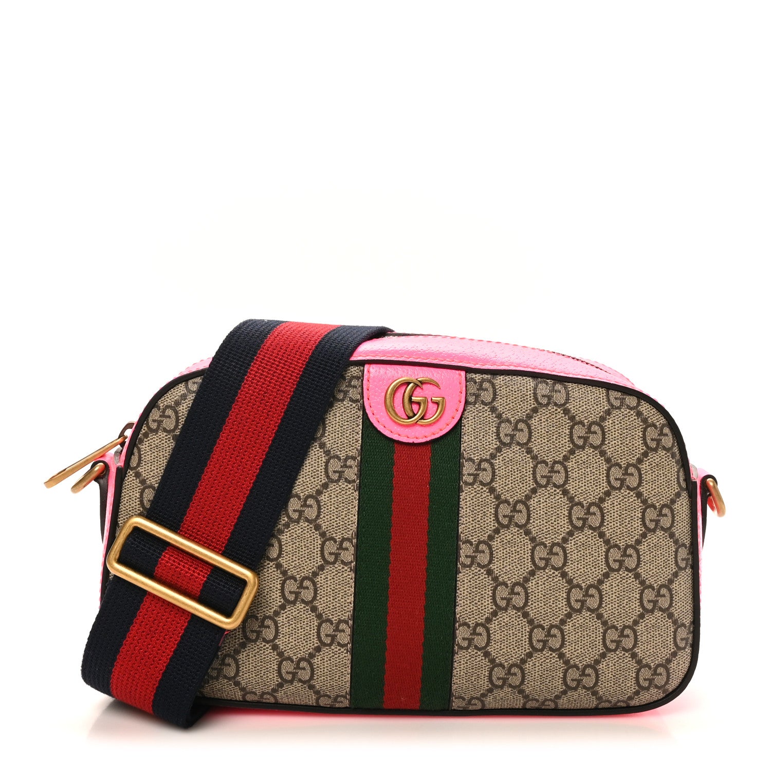 Gucci GG Supreme Monogram Textured Dollar Calfskin Web Ophidia Small Crossbody Bag Beige Ebony Fuchsia 1 of 10