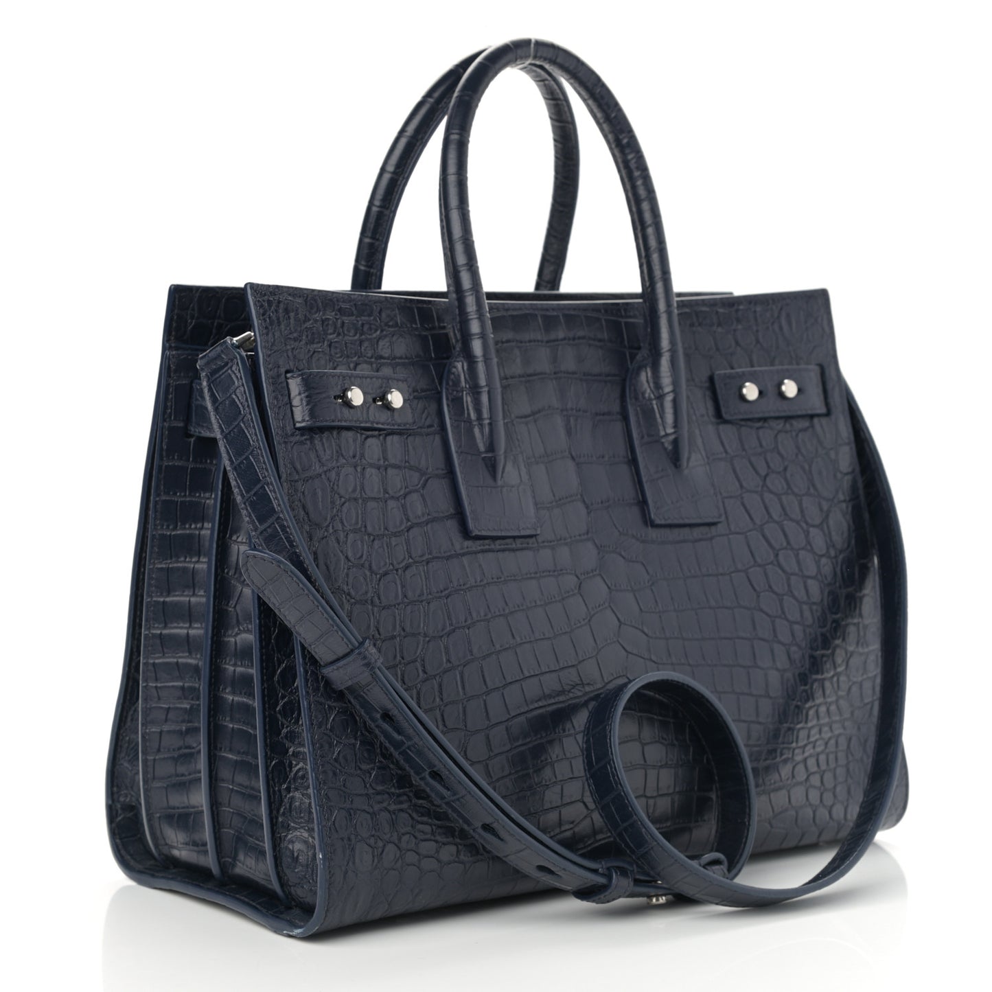 Calfskin Crocodile Embossed Small Supple Sac de Jour Navy