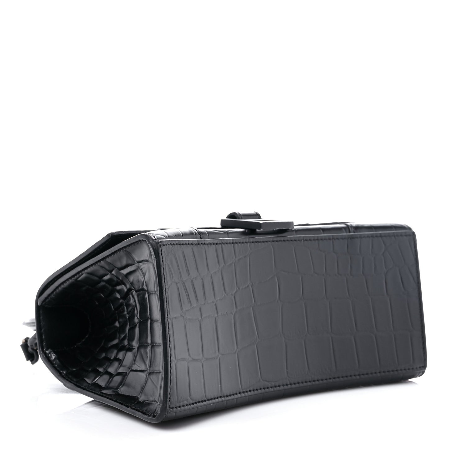 Shiny Calfskin Monochrome Crocodile Embossed Small Hourglass Top Handle Bag Black