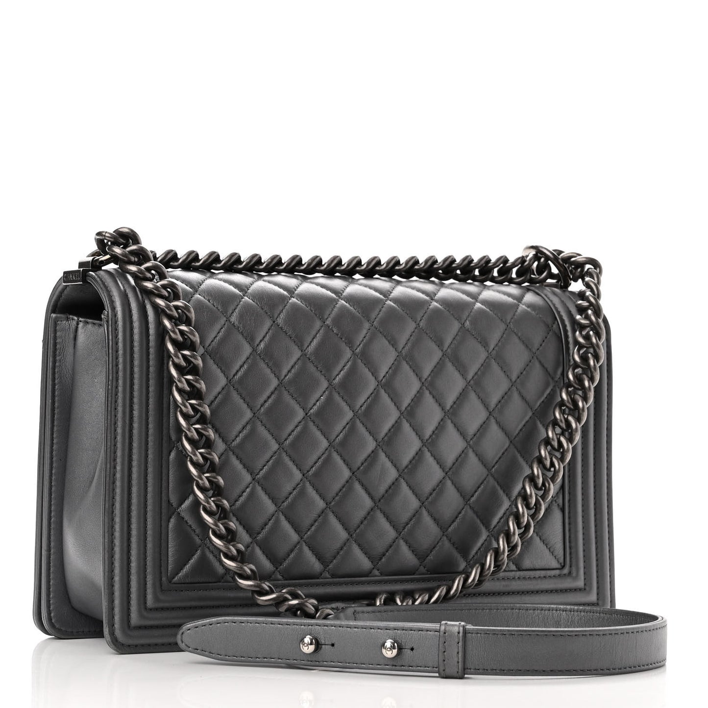Metallic Lambskin Quilted New Medium Boy Flap Dark Silver