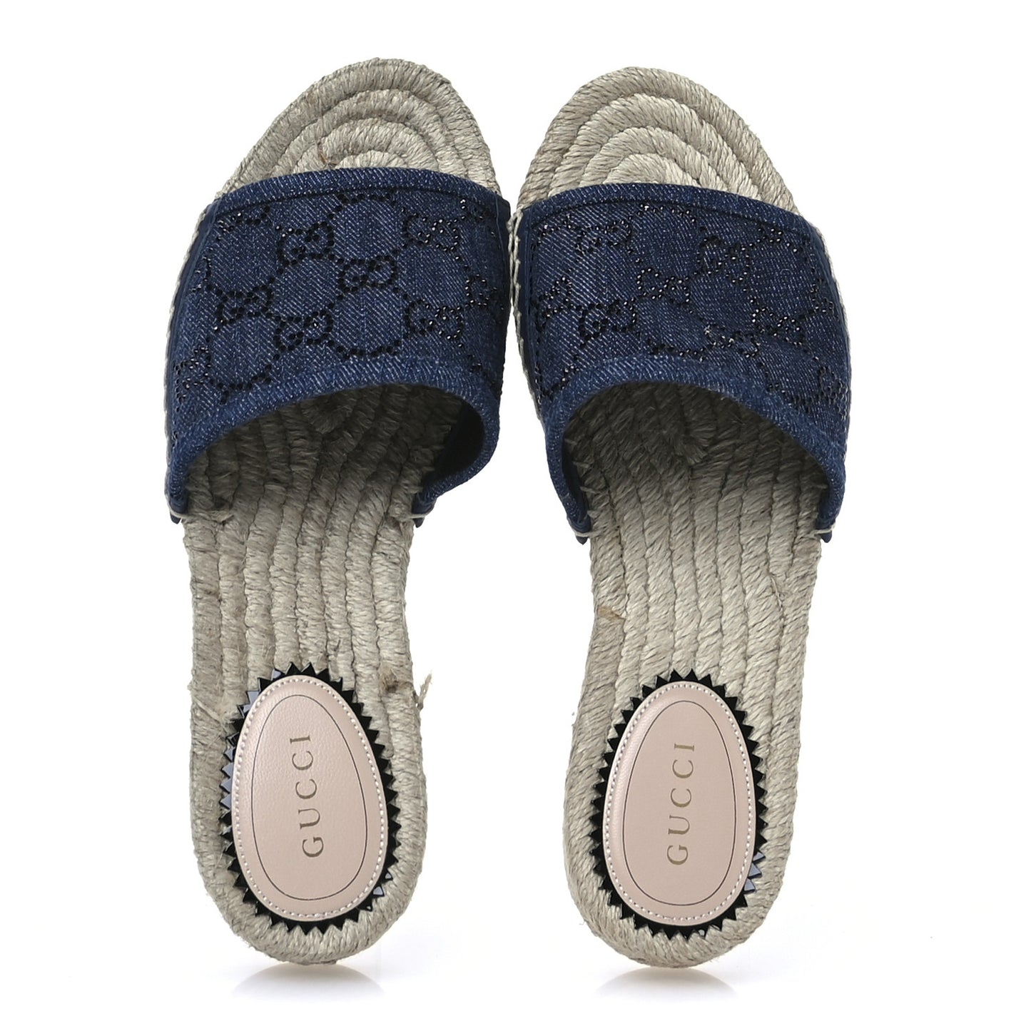 Denim Crystals GG Monogram Espadrille 20mm Slide Sandals 36.5 Denim