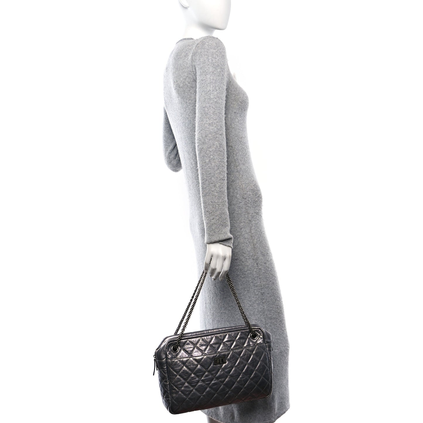 Metallic Aged Calfskin Quilted Large Reissue Camera Case Silver