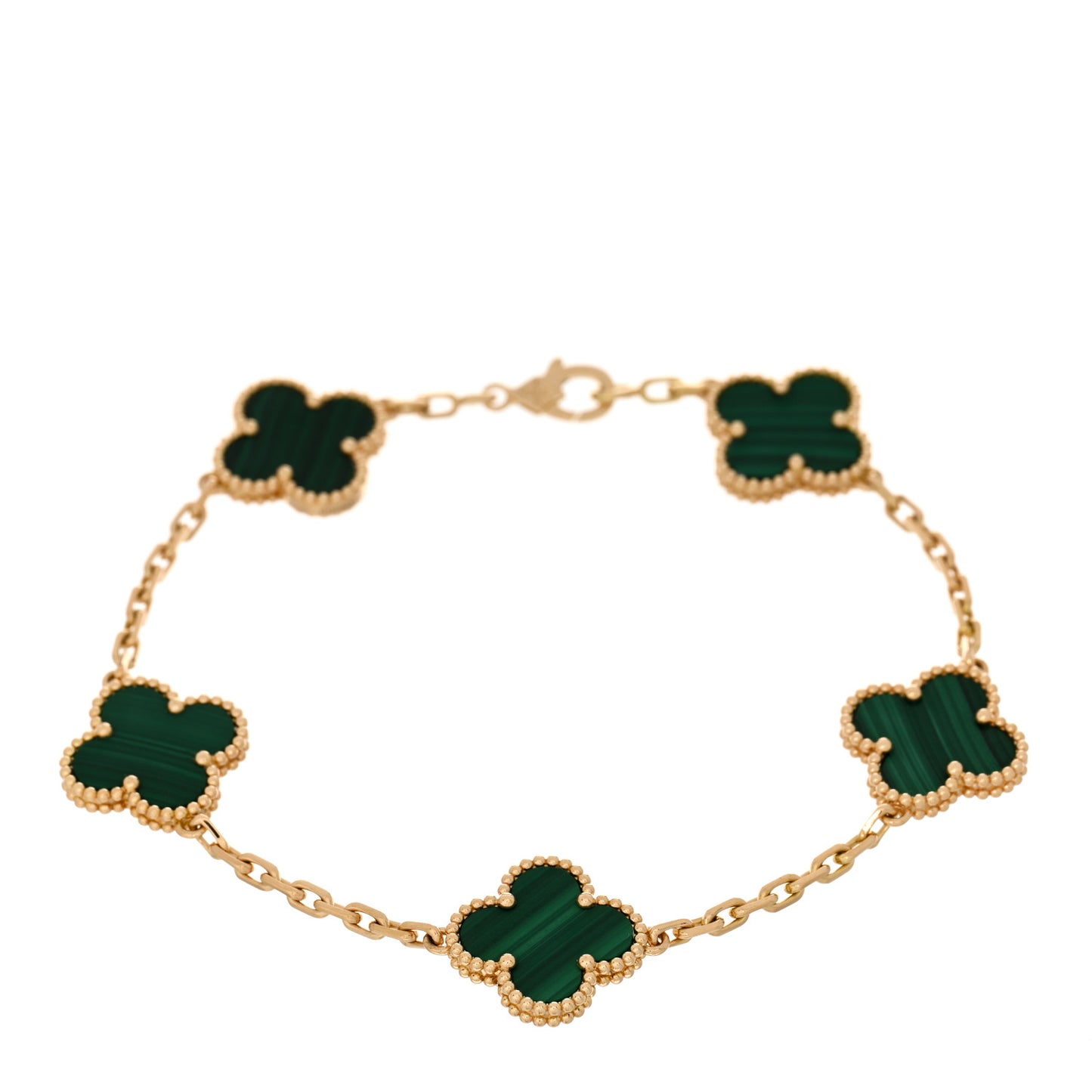 18K Yellow Gold Malachite 5 Motifs Vintage Alhambra Bracelet