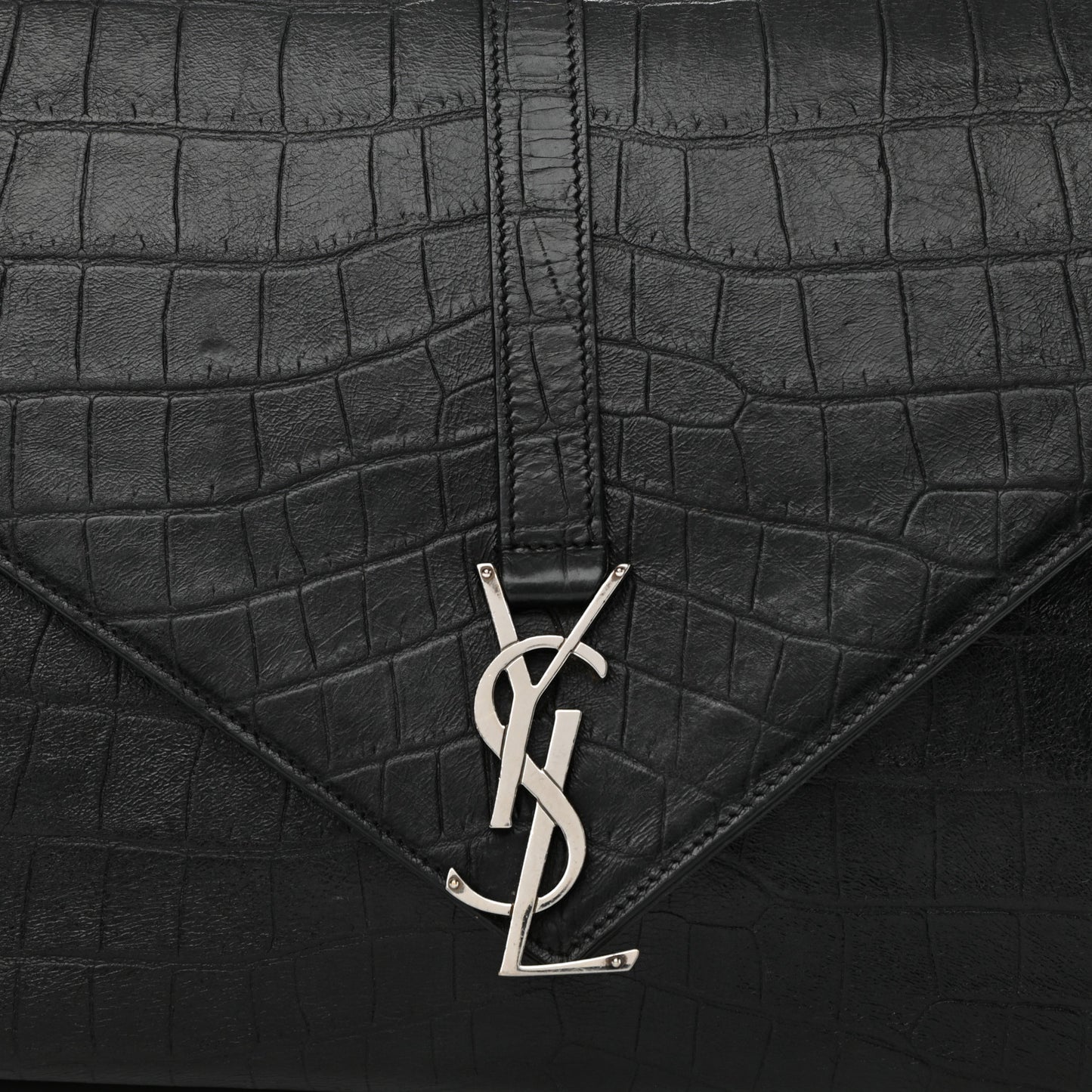 Calfskin Crocodile Embossed Large College Monogram Satchel Black