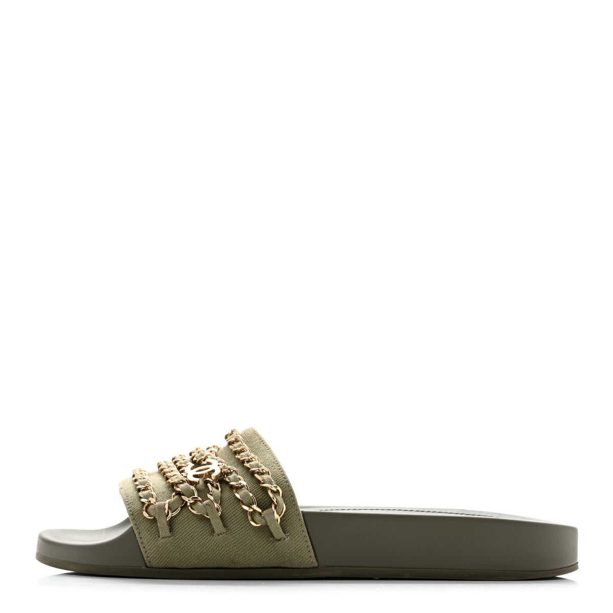 Chanel Canvas Chain Flat Sandals 38 Khaki 1 of 12