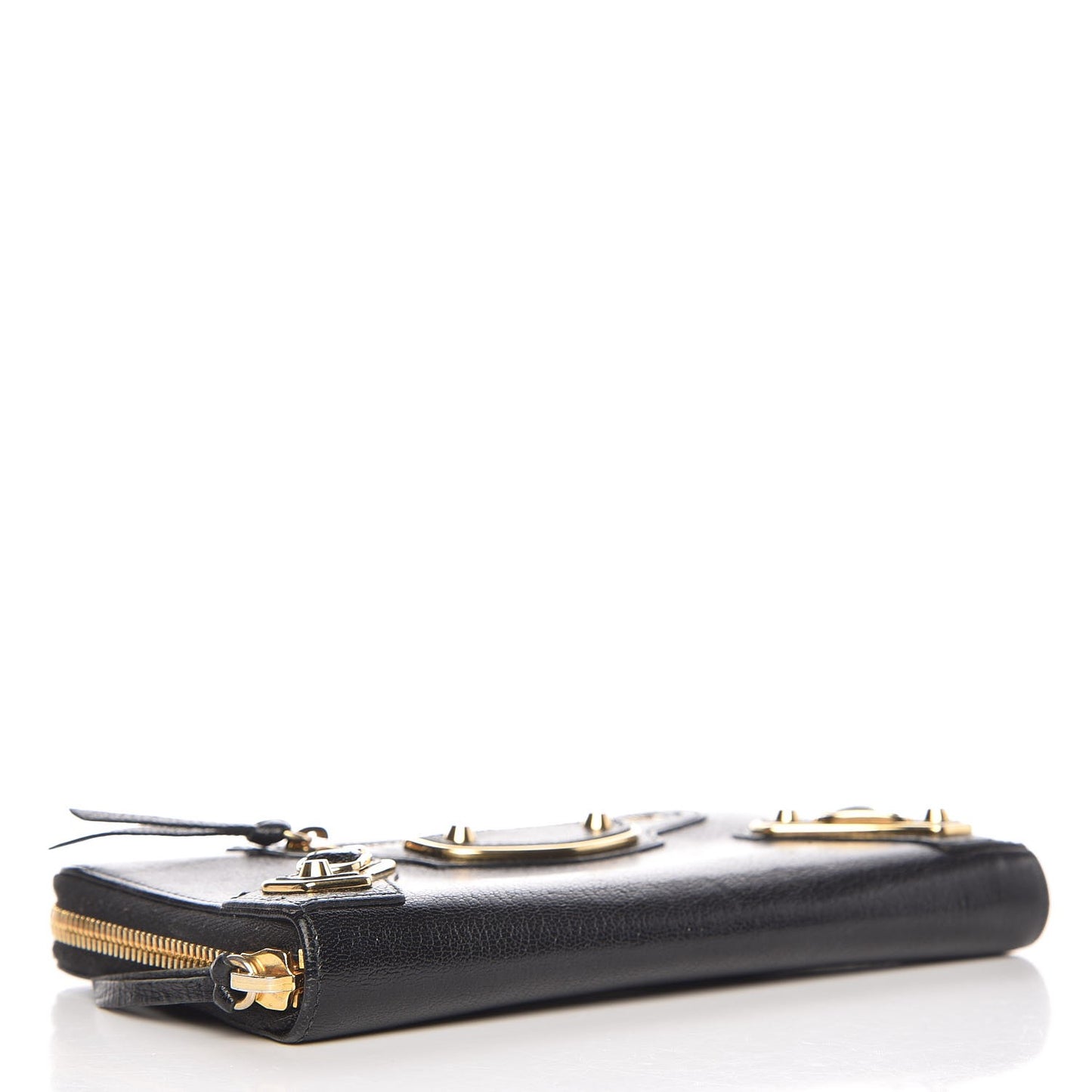 Chevre Gold Metallic Edge Hardware Zip Around Wallet Black