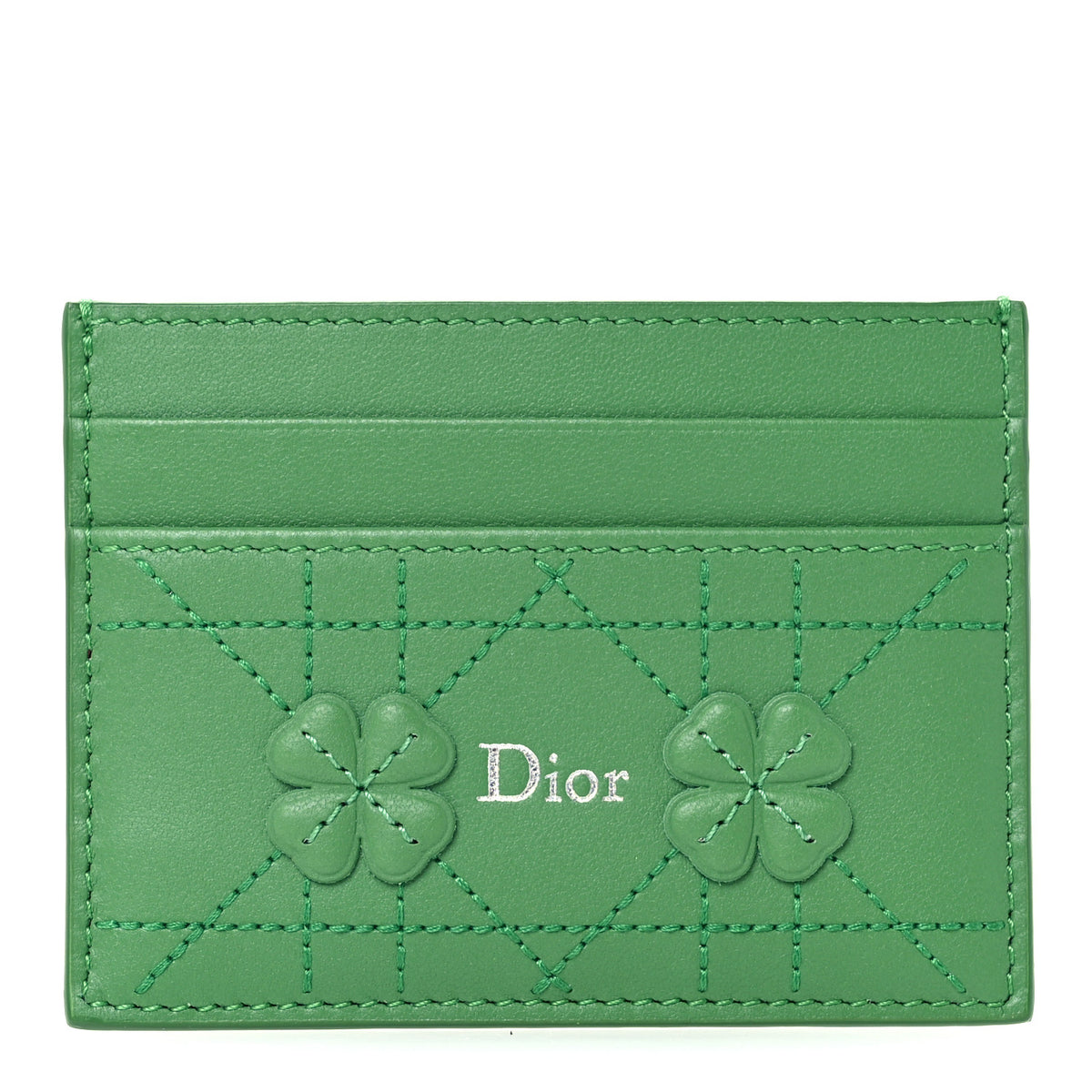Lambskin Cannage Clover Embroidered Jardin Freesia Card Holder Green