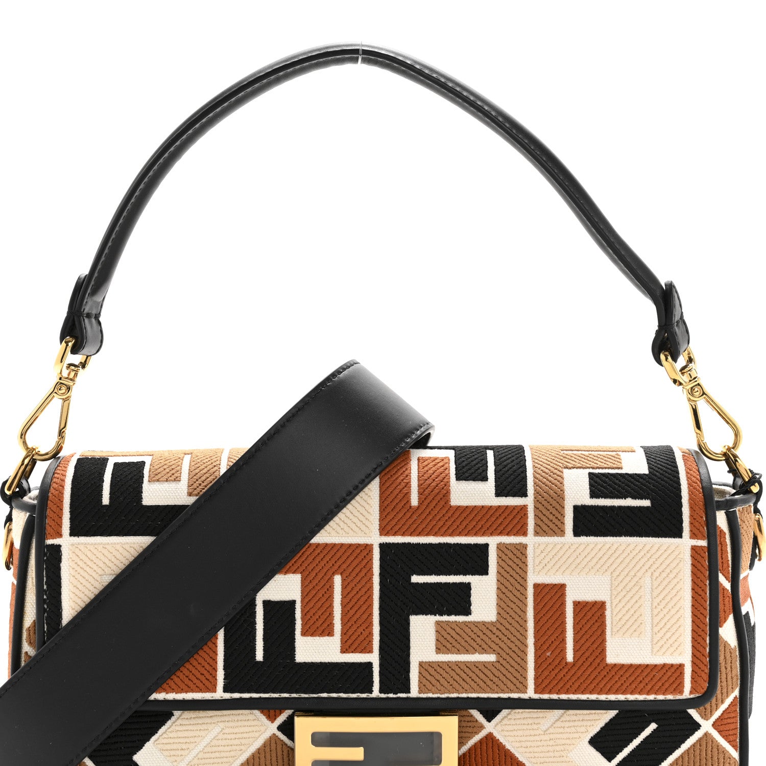 Fendi Canvas Vitello Seta FF Embroidered Baguette Brandy Black 8 of 13