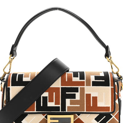Fendi Canvas Vitello Seta FF Embroidered Baguette Brandy Black 8 of 13