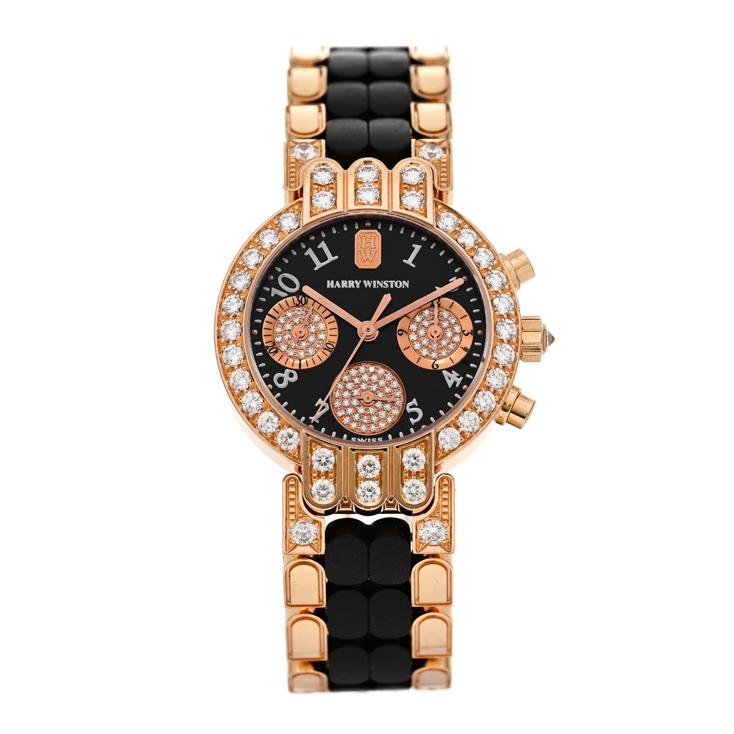 Harry Winston 18K Rose Gold Diamond Bezel 32mm Premier Chronograph Quartz Watch Black 1 of 5