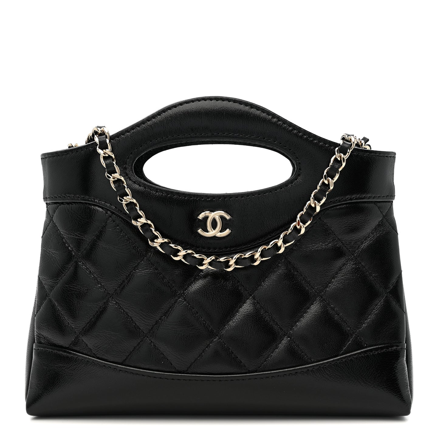 Shiny Crumpled Calfskin Quilted Nano 31 Shopping Bag Black