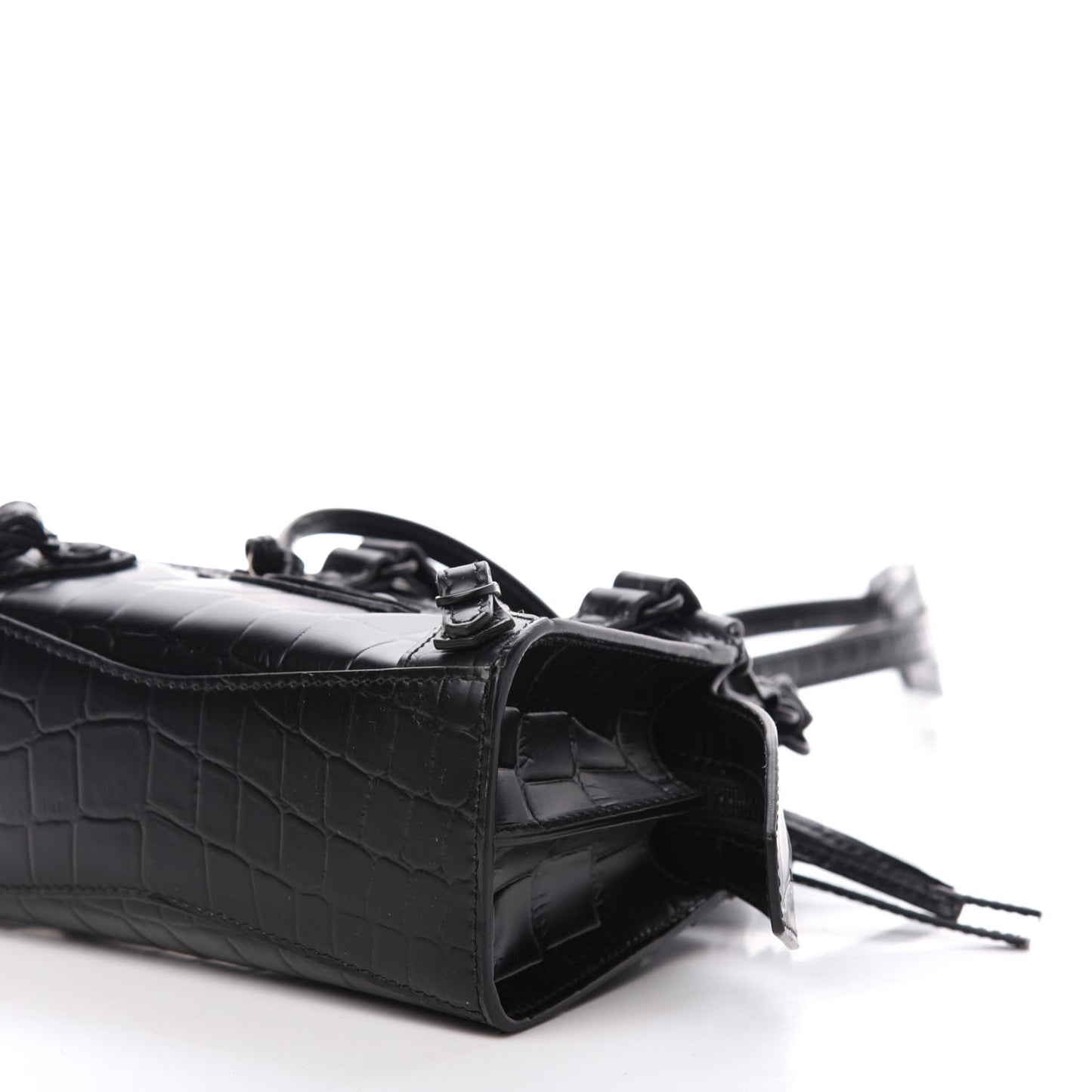 Semi Shiny Calfskin Crocodile Embossed Neo Classic Black Hardware Nano City Crossbody Black