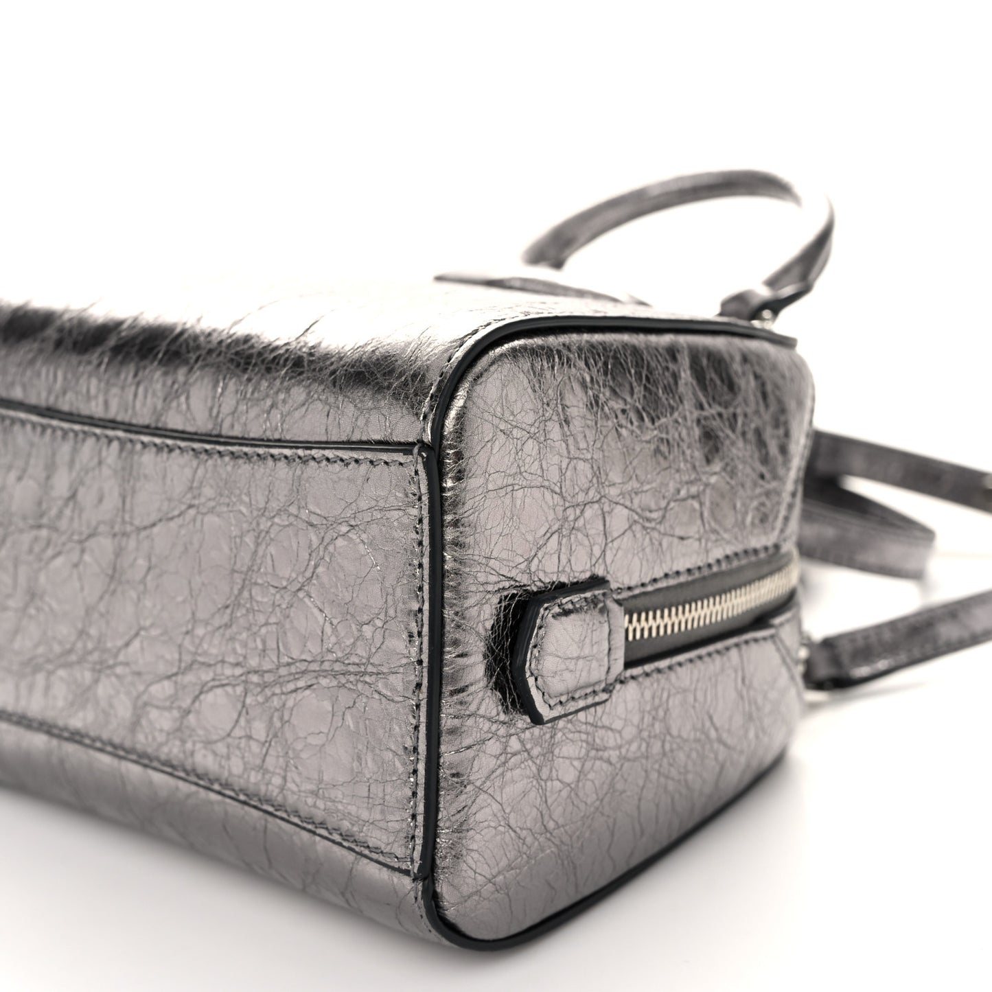 Laminated Lambskin Micro Antigona Cube Bag Silvery Grey