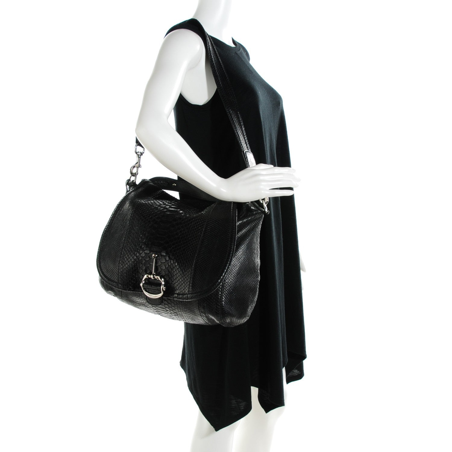 Gucci Python Large Techno Horsebit Shoulder Flap Bag Black 2 of 7