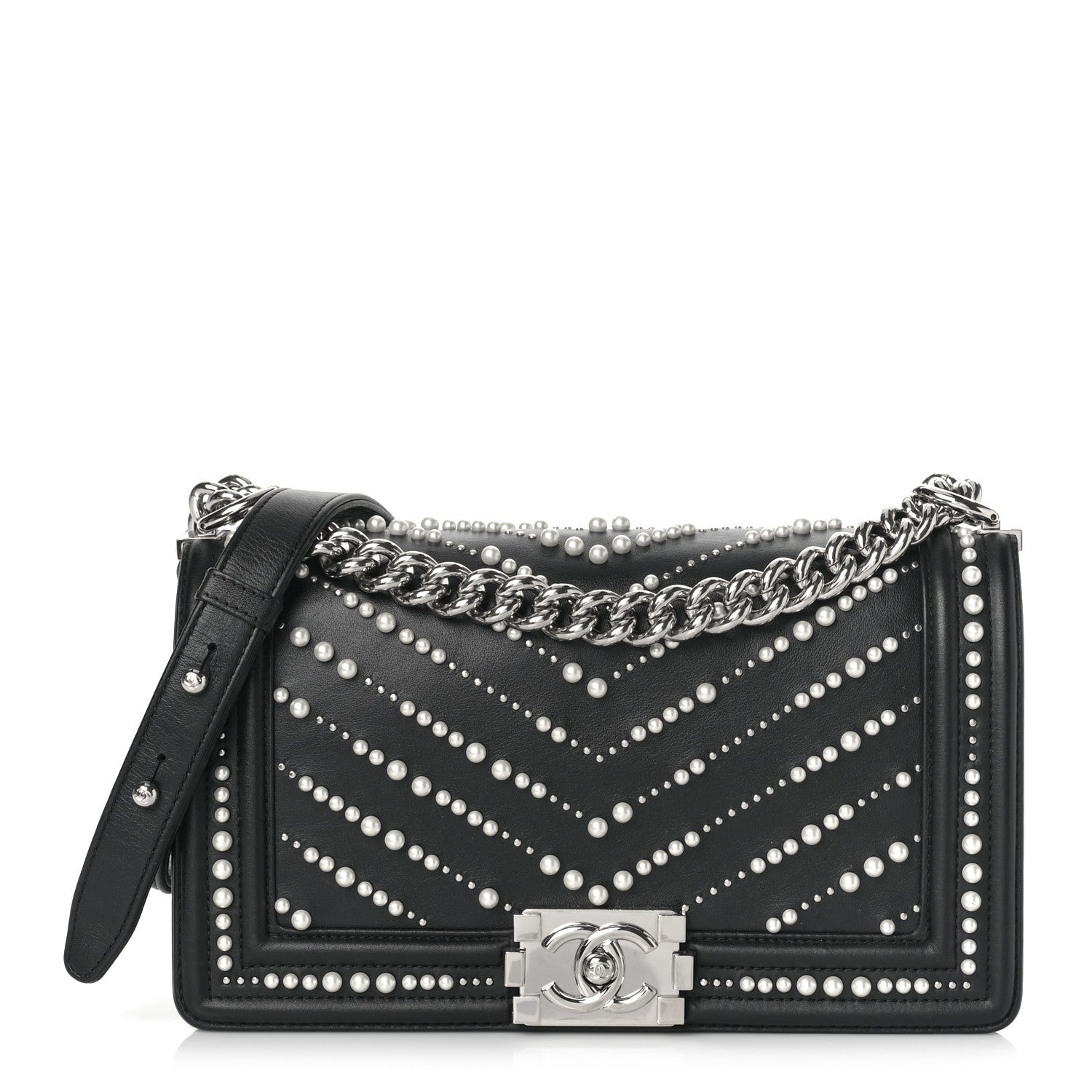 Chanel Calfskin Pearl Chevron Medium Boy Flap Black 1 of 10