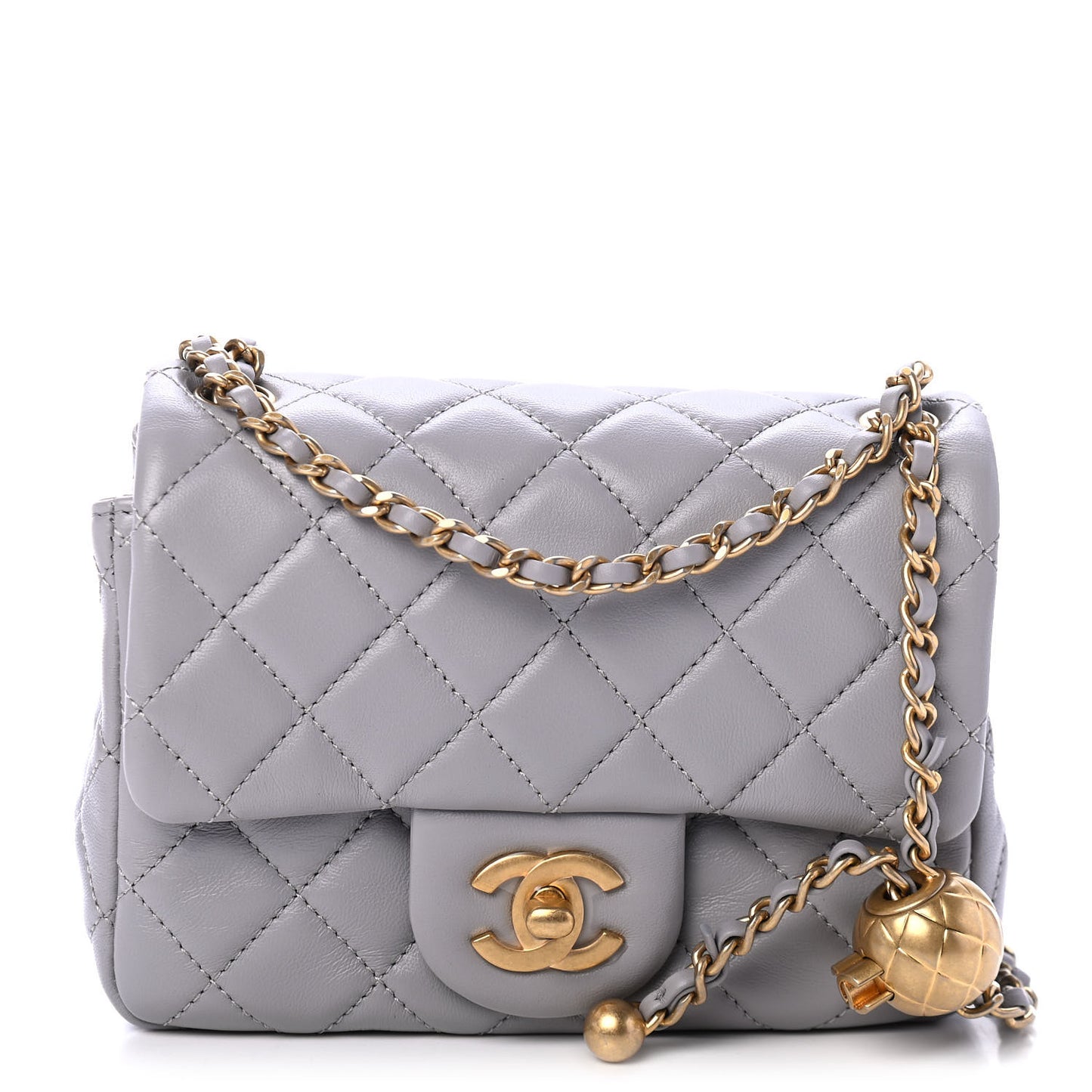 Lambskin Quilted Mini Pearl Crush Flap Light Grey