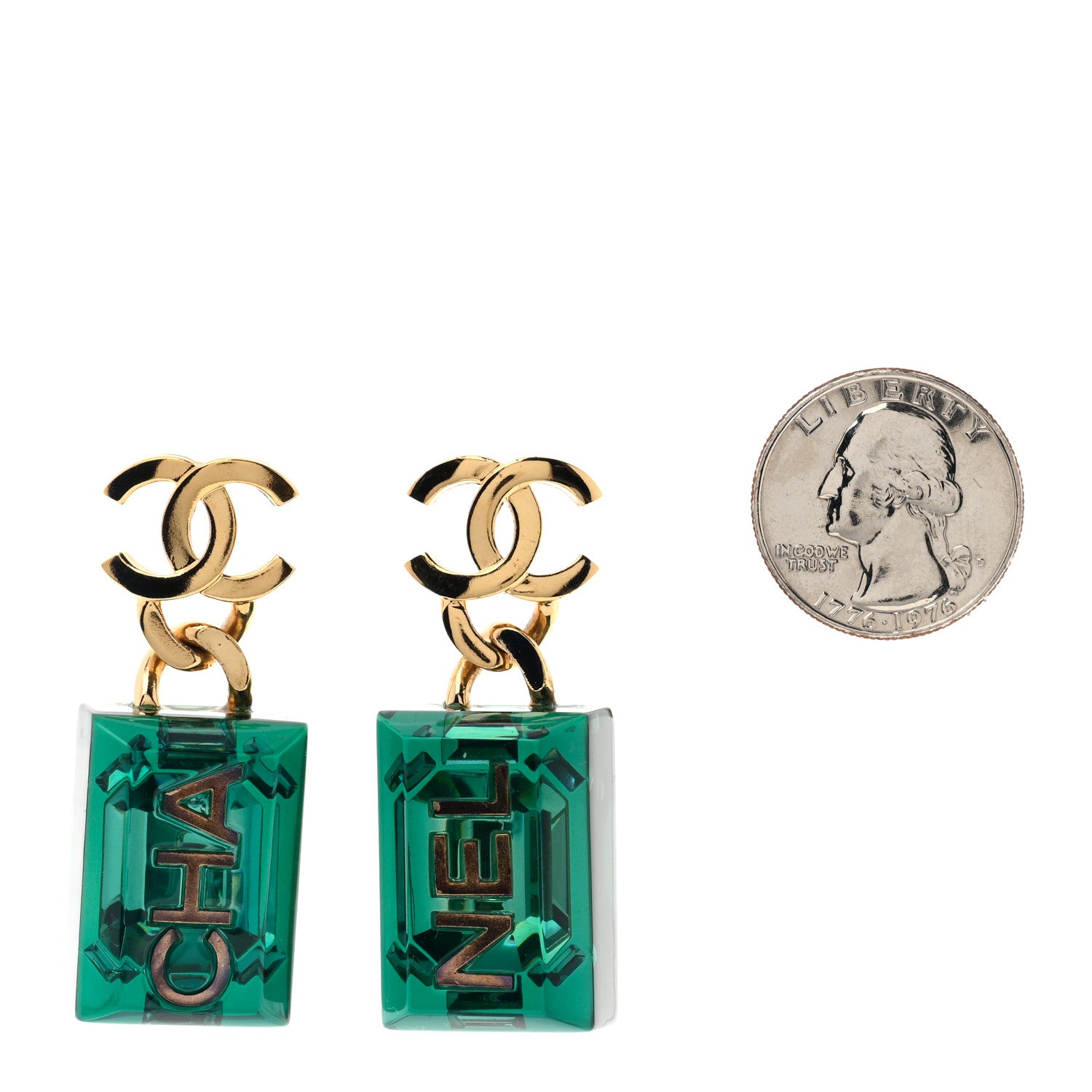 Chanel Resin Logo Drop Earrings Green Gold 2 of 5