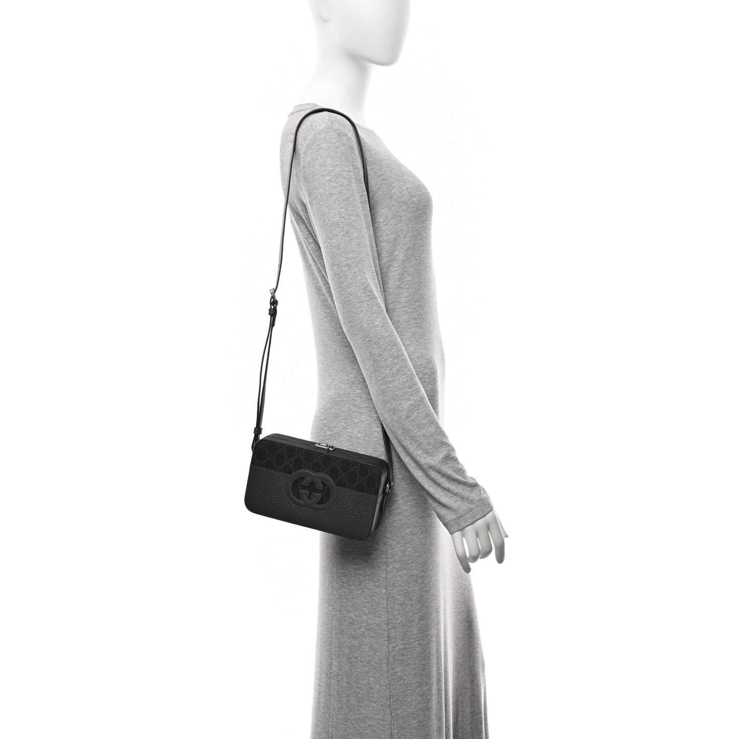 GG Supreme Monogram Textured Dollar Calfskin Mini New Basket Shoulder Bag Black Grey