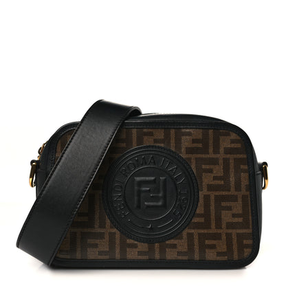 Fendi Glazed Fabric Vitello Century F is Fendi FF 1974 Stamp Patch Camera Case Mogano Panna Black 1 of 10
