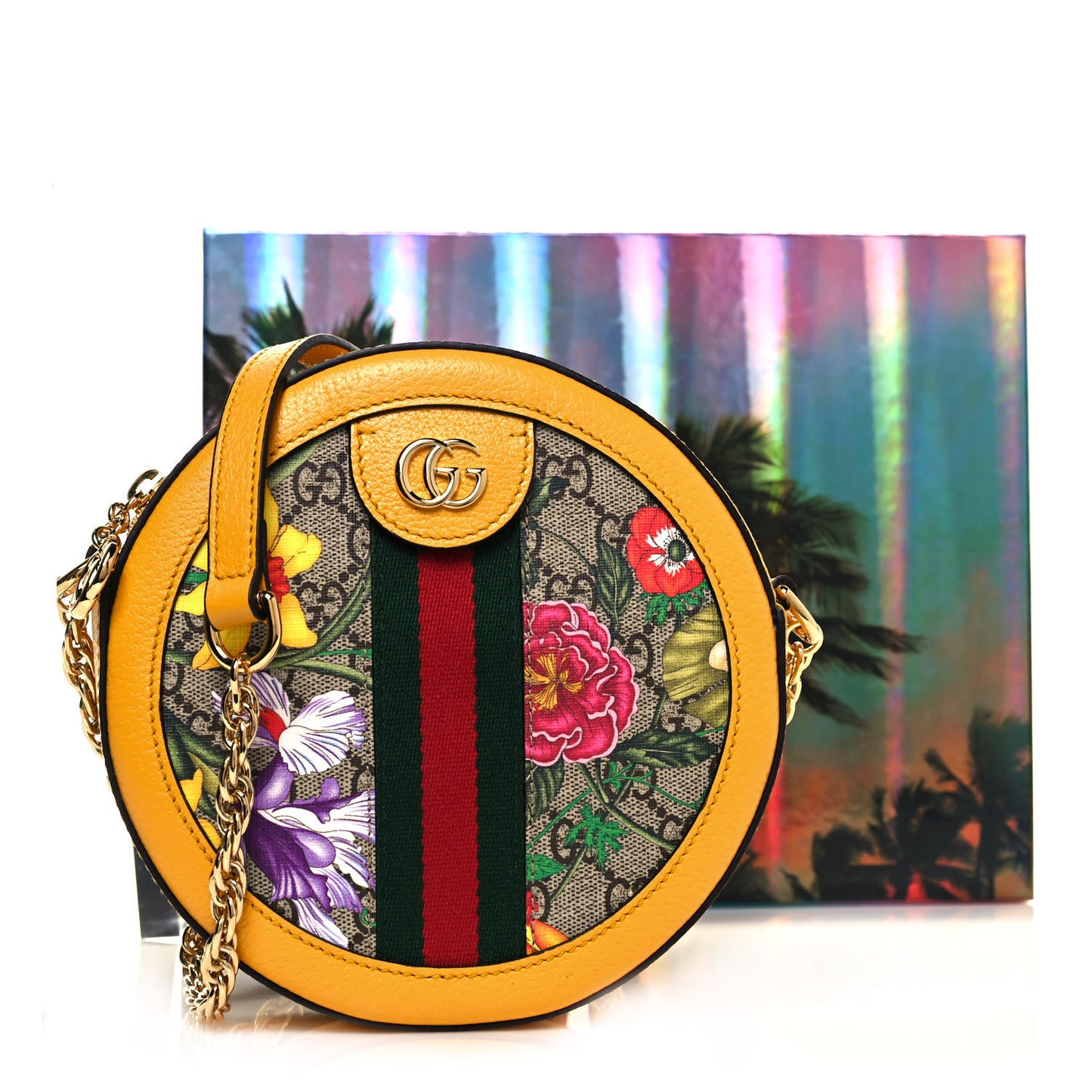 GG Supreme Monogram Flora Web Mini Ophidia Round Shoulder Bag Beige Multicolor Crop