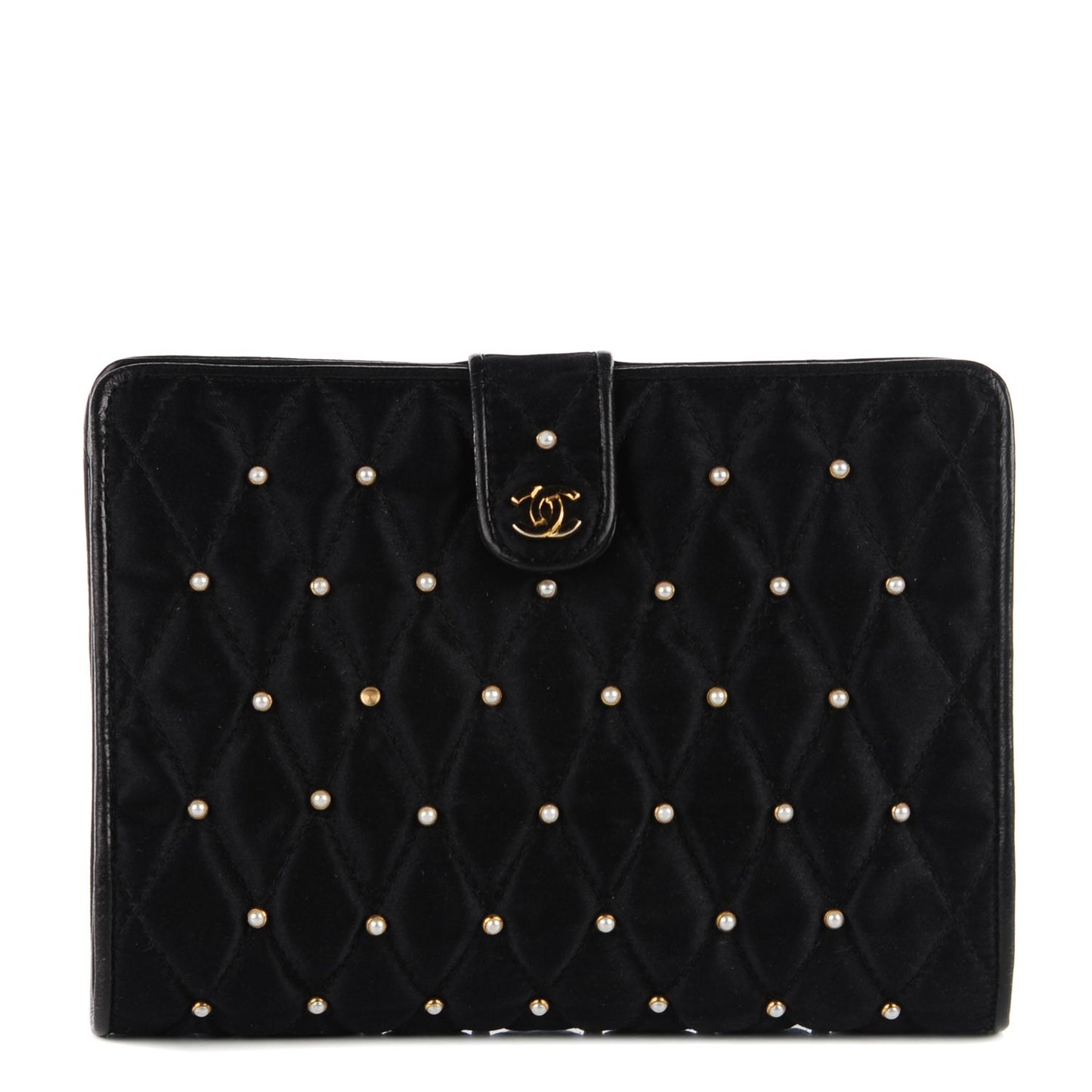 Satin Pearl Quilted CC Clutch Black