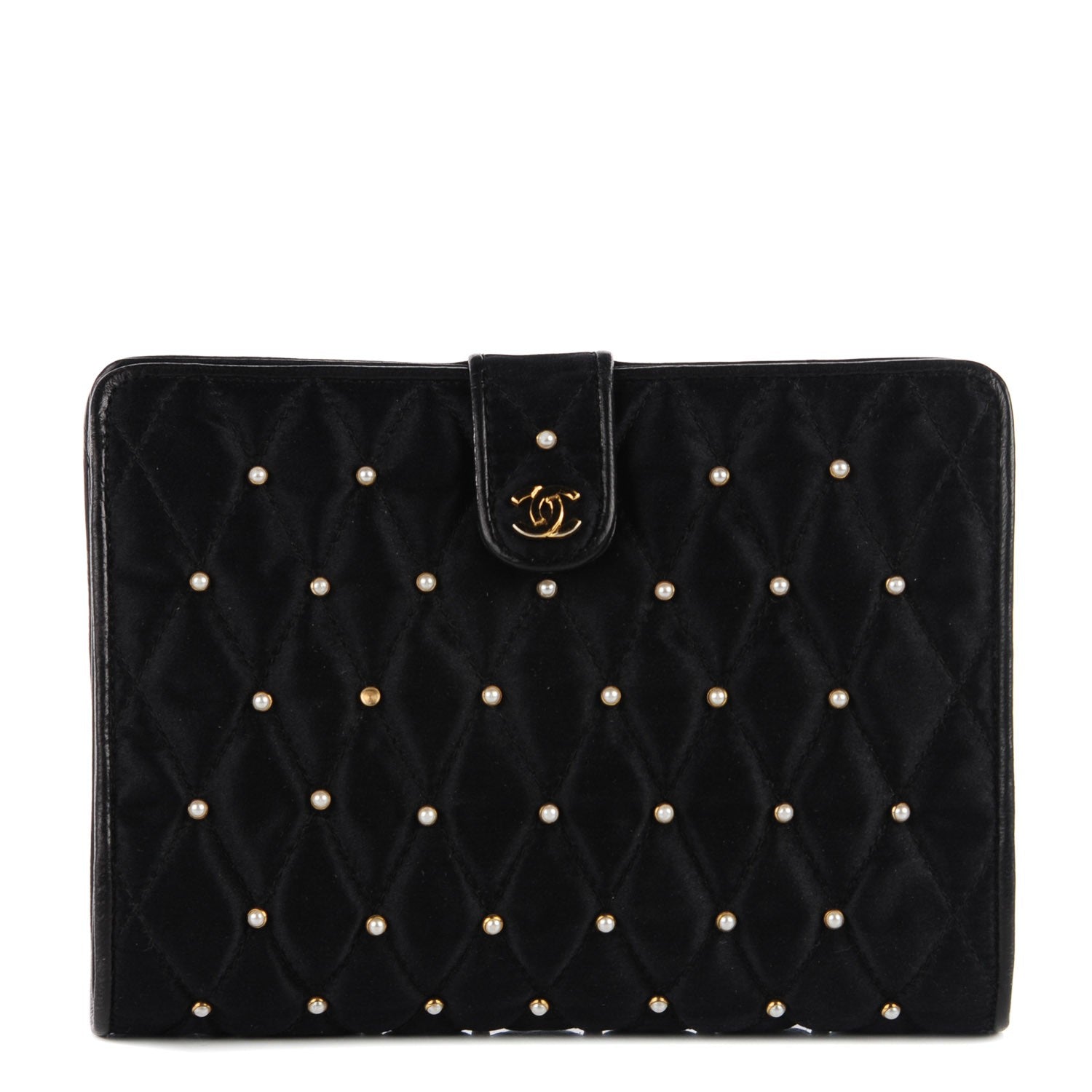 Chanel Satin Pearl Quilted CC Clutch Black 1 of 8