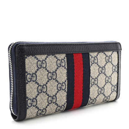 Gucci GG Supreme Monogram Textured Dollar Calfskin Web Ophidia Zip Around Wallet Beige Blue 3 of 8