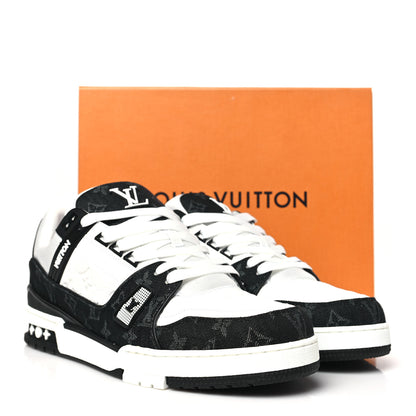 Louis Vuitton Calfskin Embossed Monogram Denim Mens LV Trainer Sneakers 12 Black 8 of 8