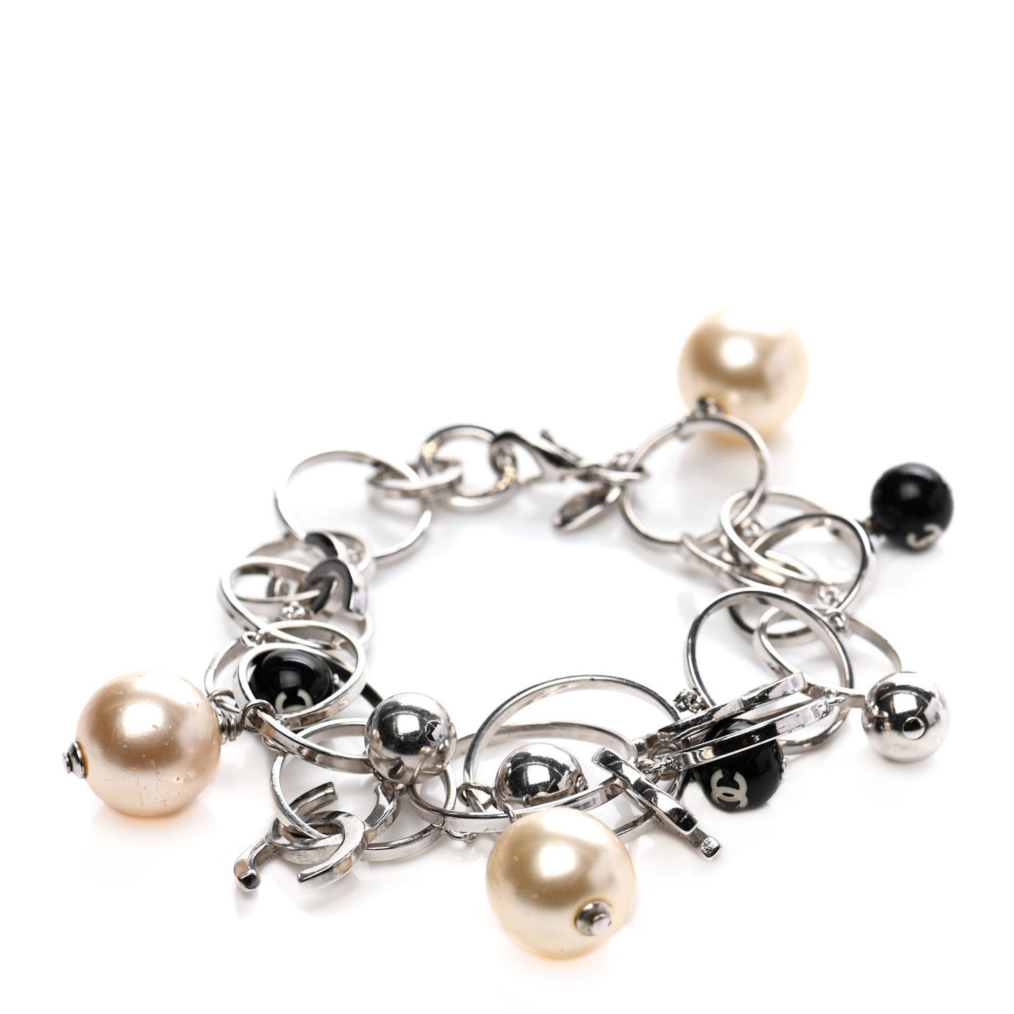 Enamel Pearl Beaded CC Bracelet Black Silver