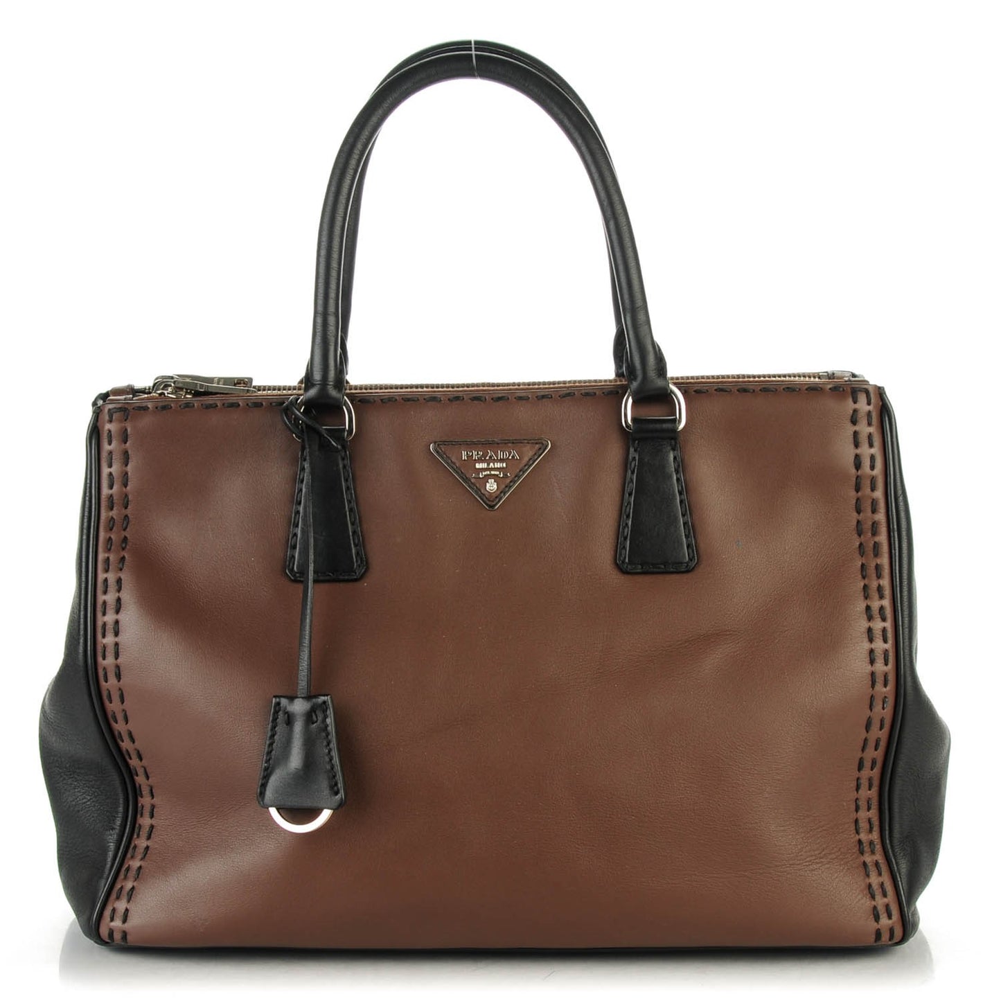 City Calf Hand Stitched Large Galleria Double Zip Tote Cacao Black
