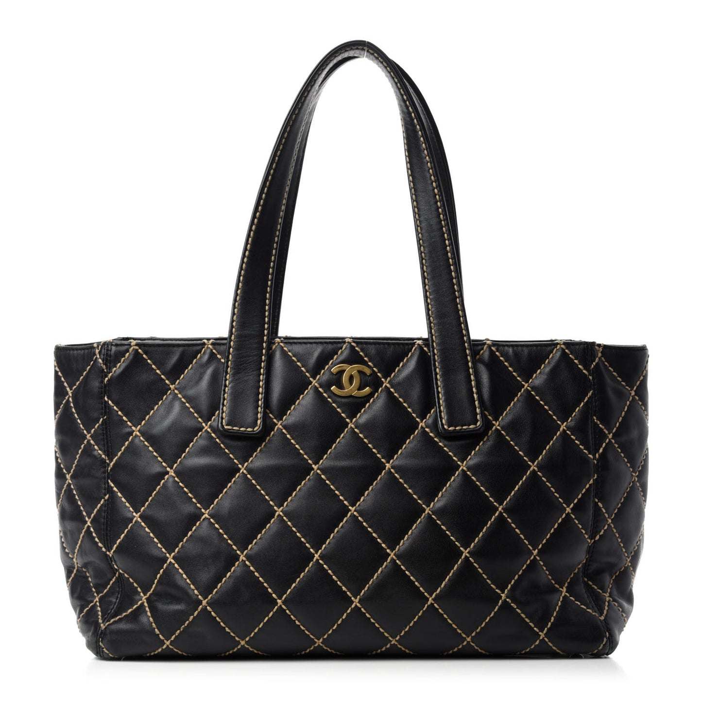 Calfskin Contrast Stitch Surpique Tote Black