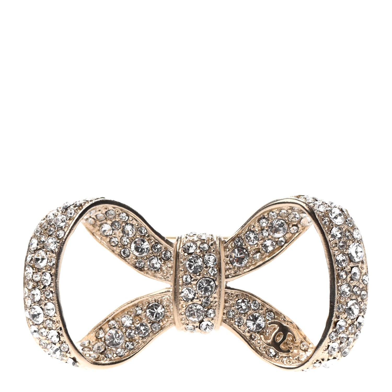 Chanel Metal Crystal Bow Brooch Light Gold 1 of 3
