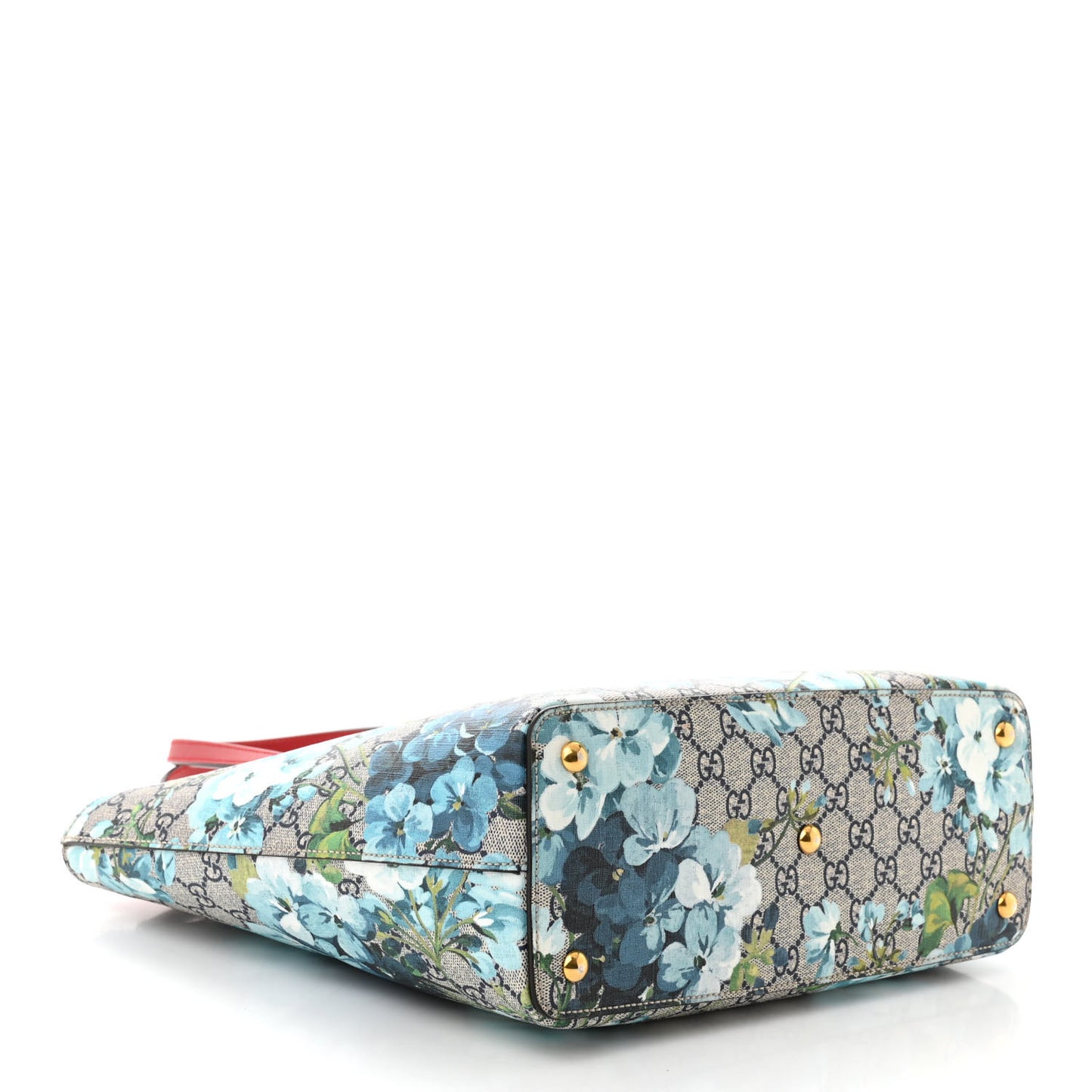GG Supreme Monogram Blooms Medium Zippered Bucket Tote Beige Blue Navy Hibiscus Red