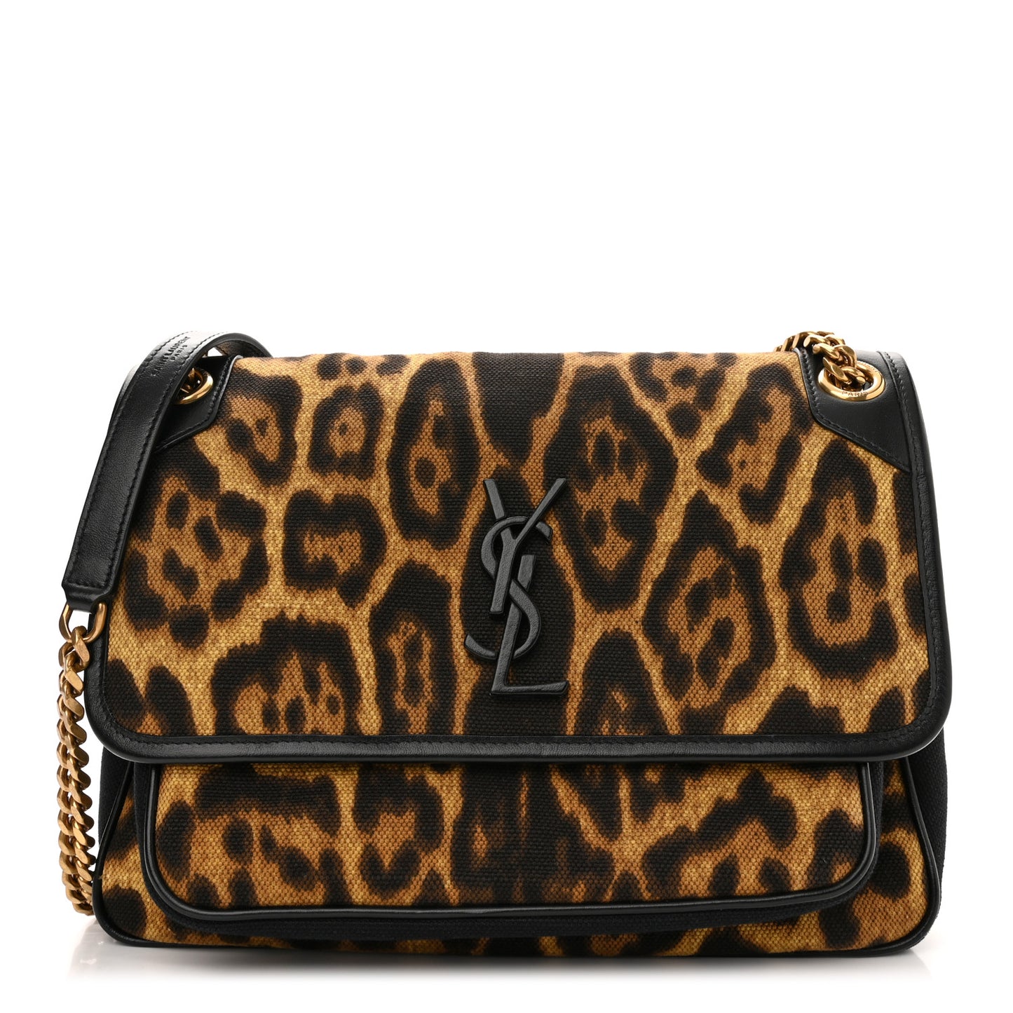 Smooth Calfskin Canvas Leopard Print Medium Niki Chain Satchel Light Natural