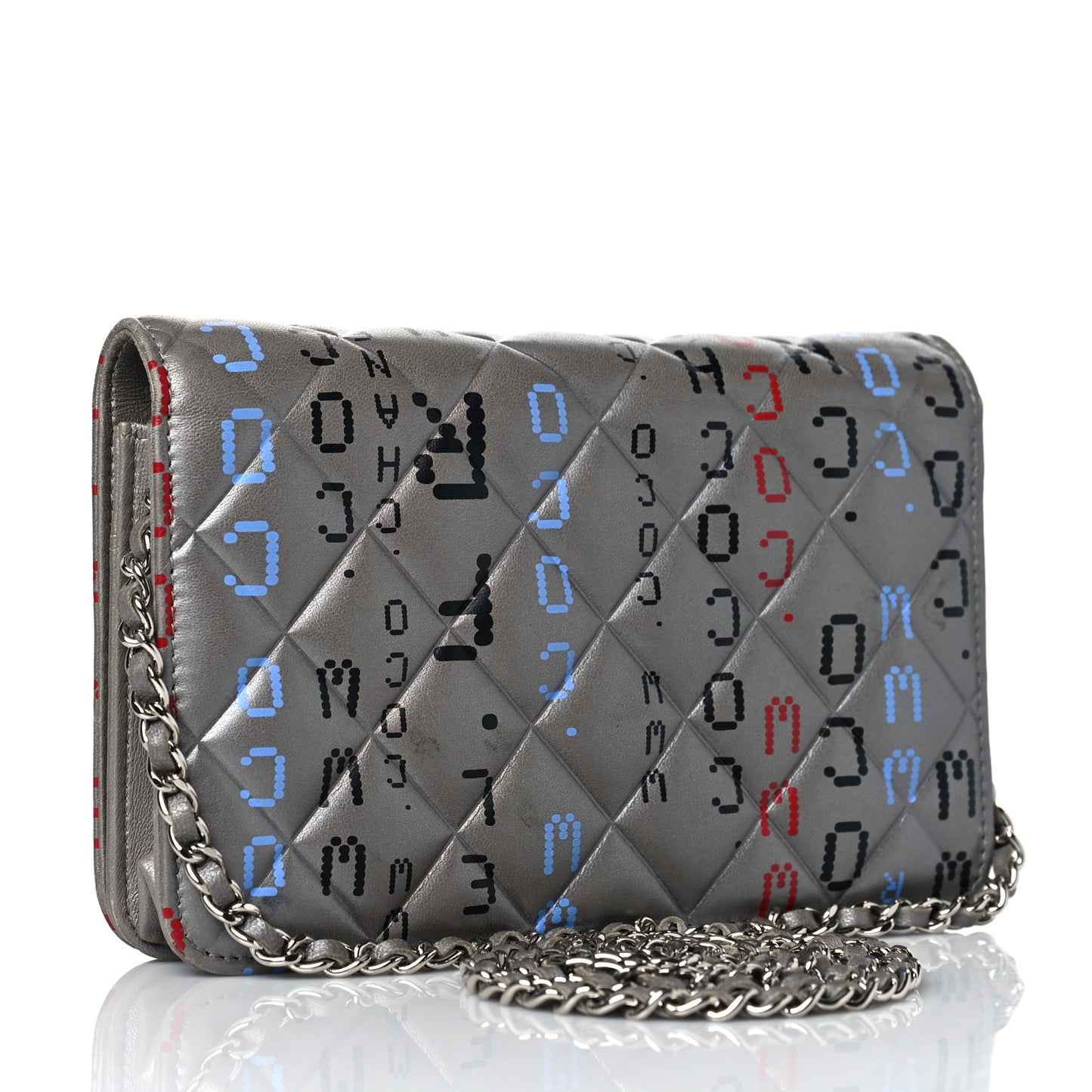 Metallic Lambskin Quilted Data Center Wallet On Chain WOC Silver