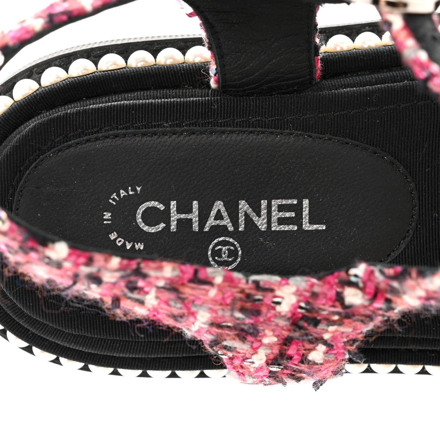 Chanel Tweed Pearl Flat Sandals 37.5 Red Black 7 of 10