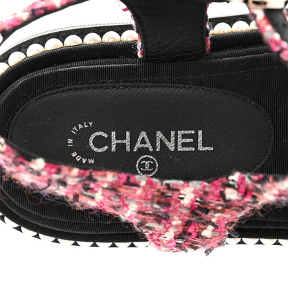 Chanel Tweed Pearl Flat Sandals 37.5 Red Black 7 of 10