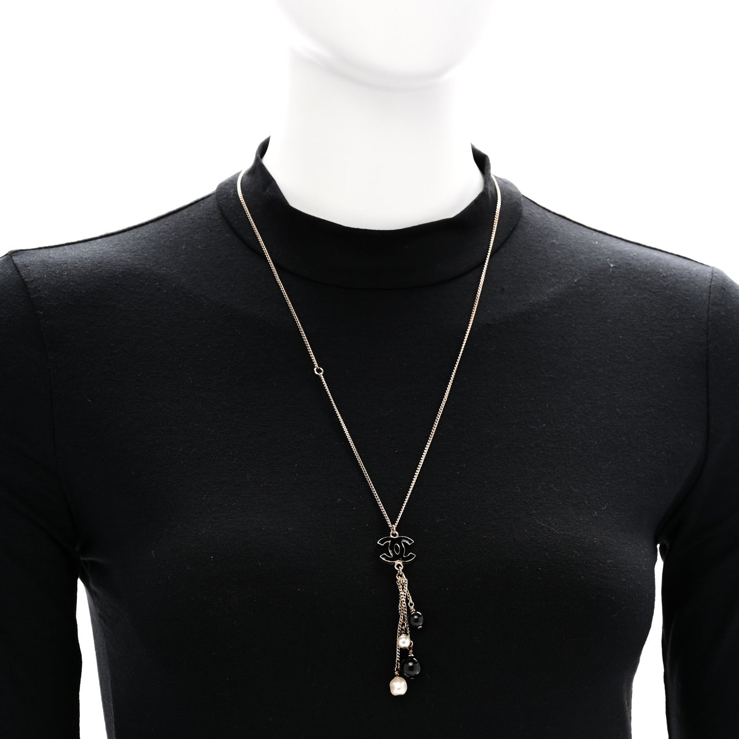 Enamel Bead Pearl CC Drop Necklace Black Gold