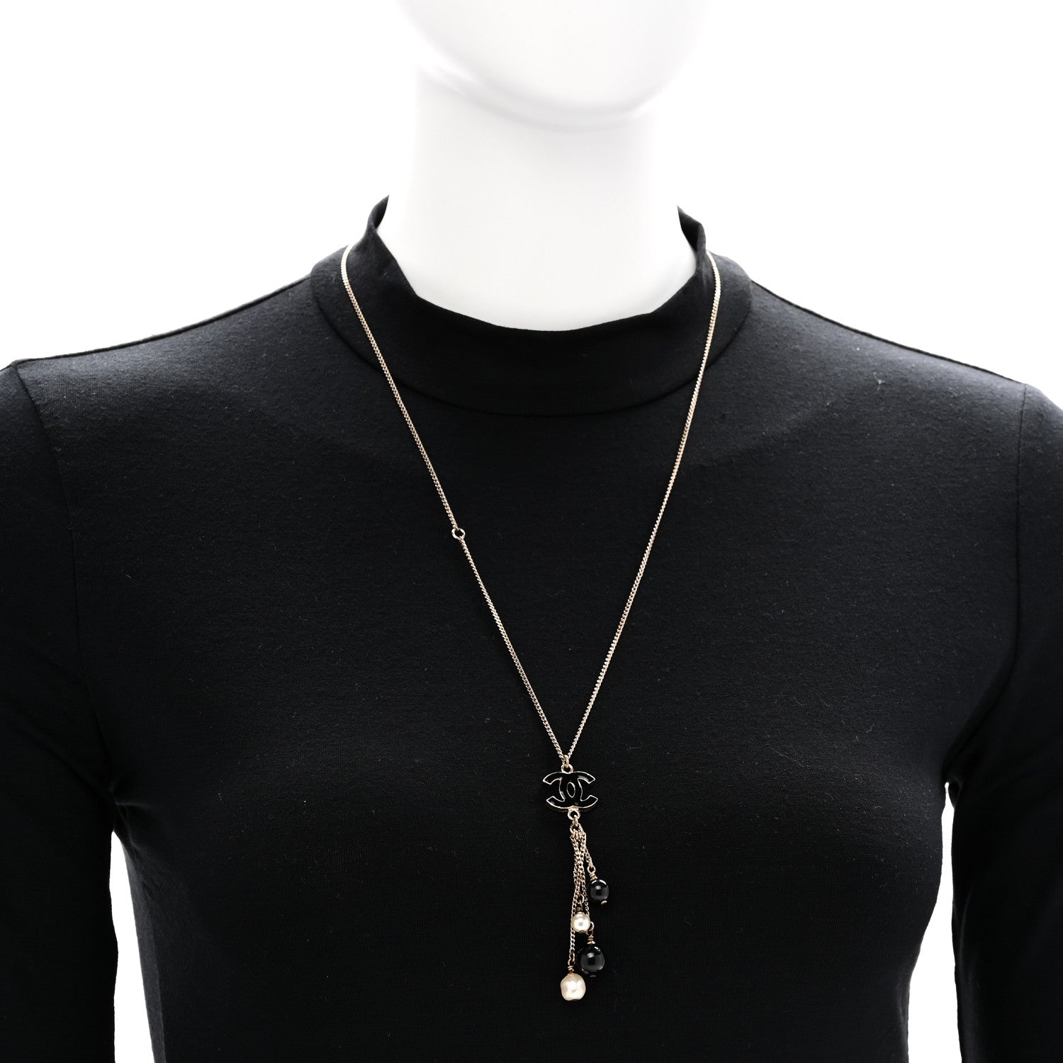 Chanel Enamel Bead Pearl CC Drop Necklace Black Gold 2 of 5