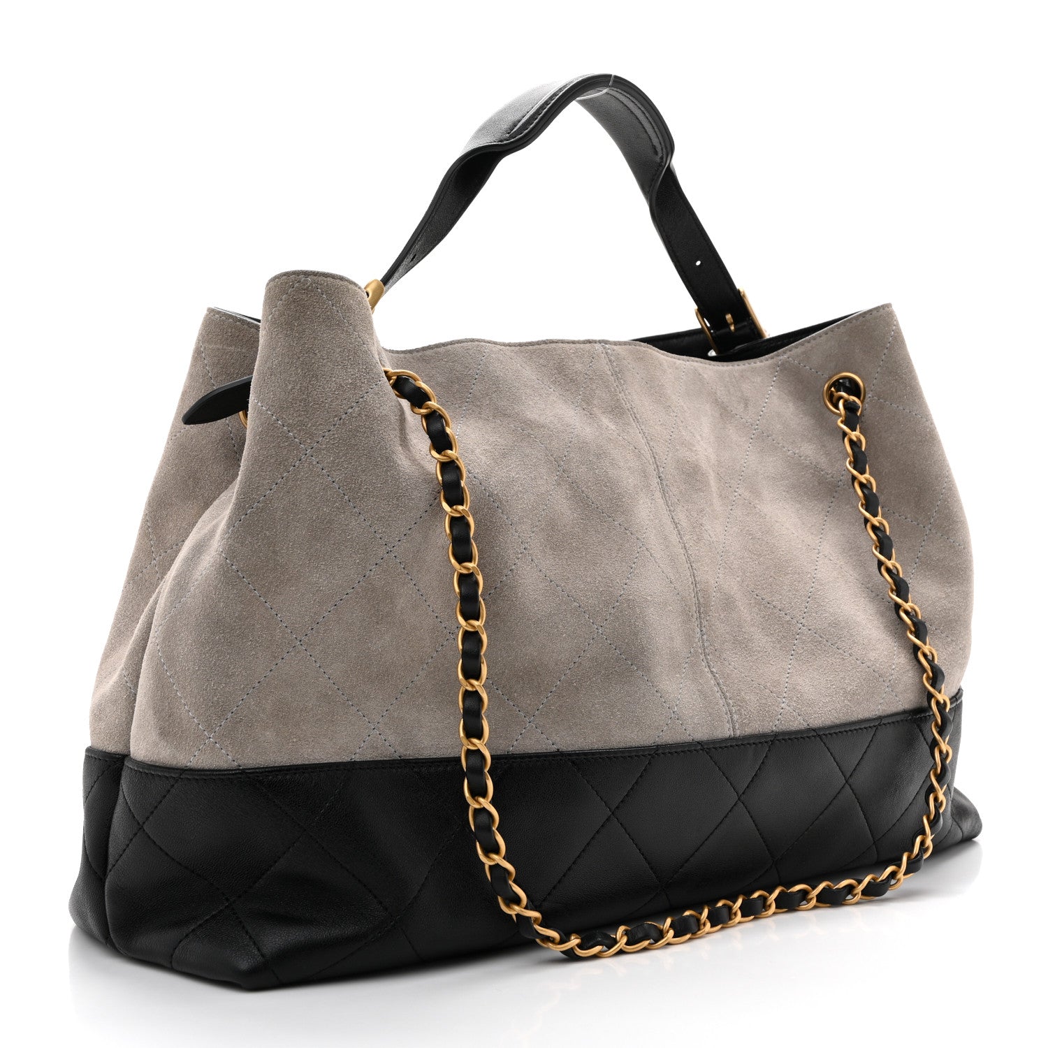 Chanel Suede Calfskin Shiny Lambskin Quilted Large Coco Base Shopping Bag Grey Black 3 of 10