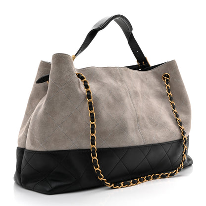 Chanel Suede Calfskin Shiny Lambskin Quilted Large Coco Base Shopping Bag Grey Black 3 of 10