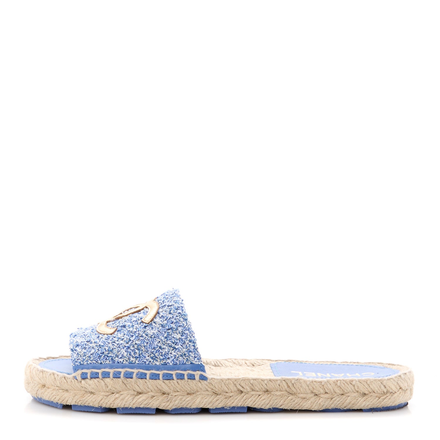 Chanel Tweed Laminated Lambskin CC Slide Sandals 38 Blue Gold 1 of 9
