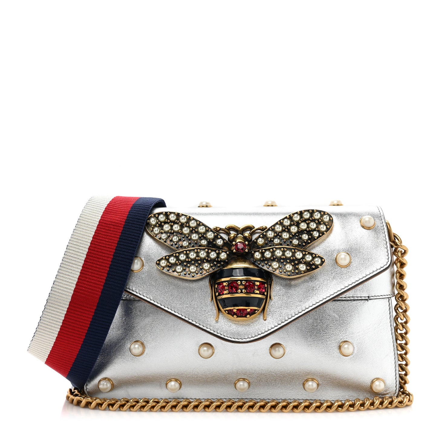 Metallic Nappa Pearl Studded Mini Queen Margaret Broadway Shoulder Bag Silver