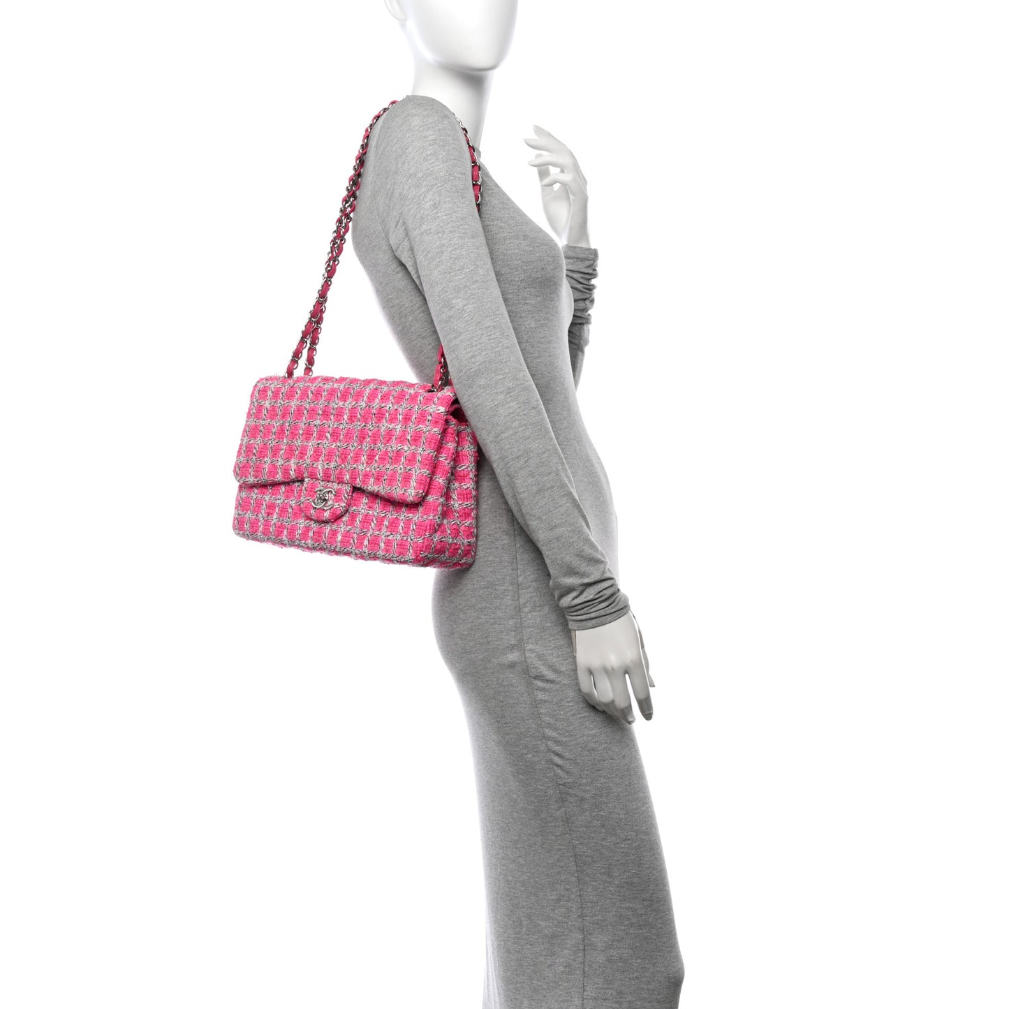 Tweed Quilted Jumbo Double Flap Hot Pink