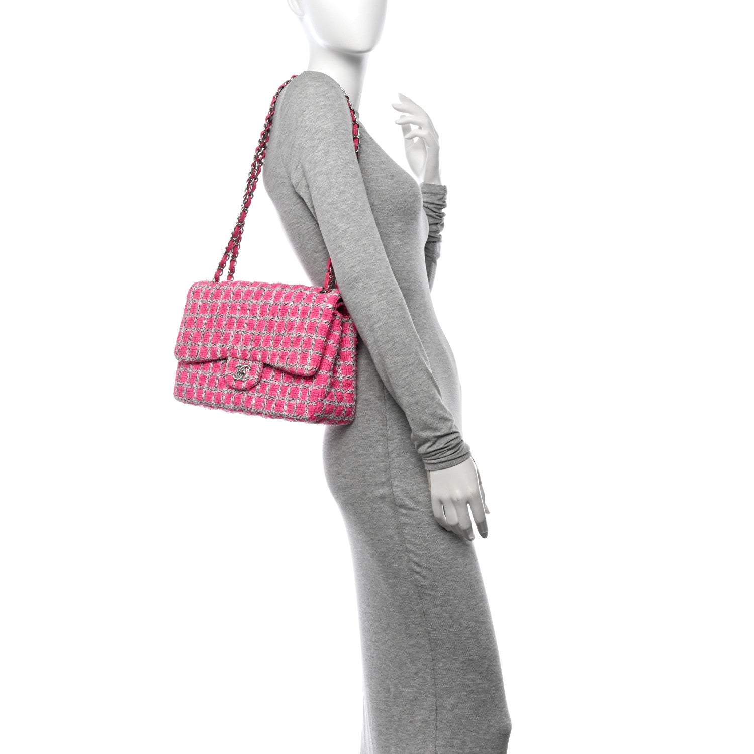 Chanel Tweed Quilted Jumbo Double Flap Hot Pink 2 of 11