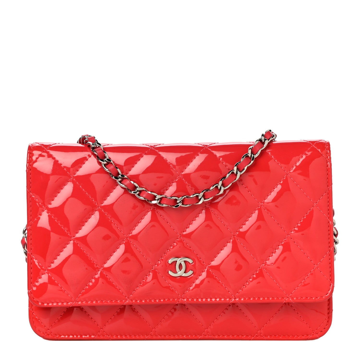Chanel Patent Quilted Wallet On Chain WOC Red 1 of 17