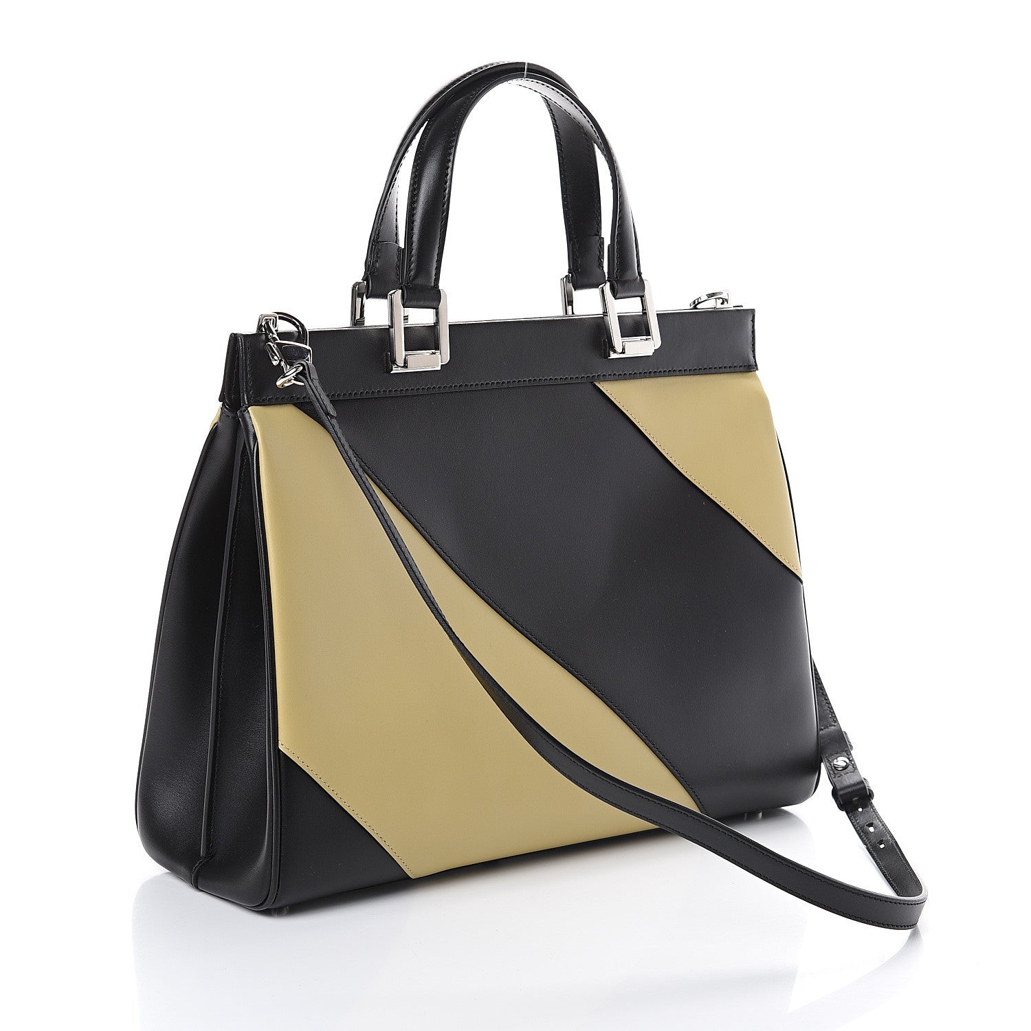 Gucci Smooth Calfskin Diagonal Striped Medium Zumi Top Handle Bag Black Beige 2 of 9