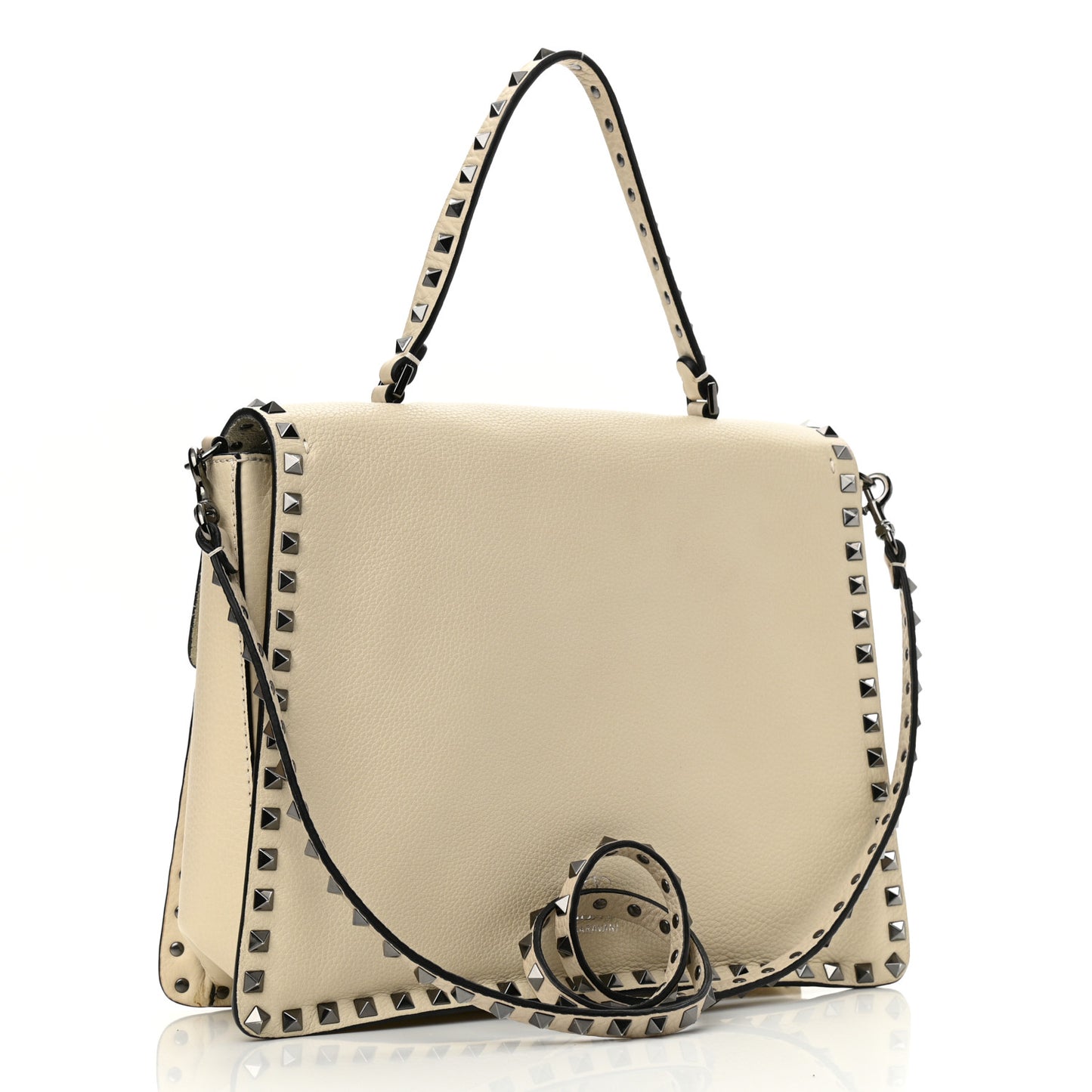 Grained Calfskin Rockstud Top Handle Flap Shoulder Bag Light Ivory